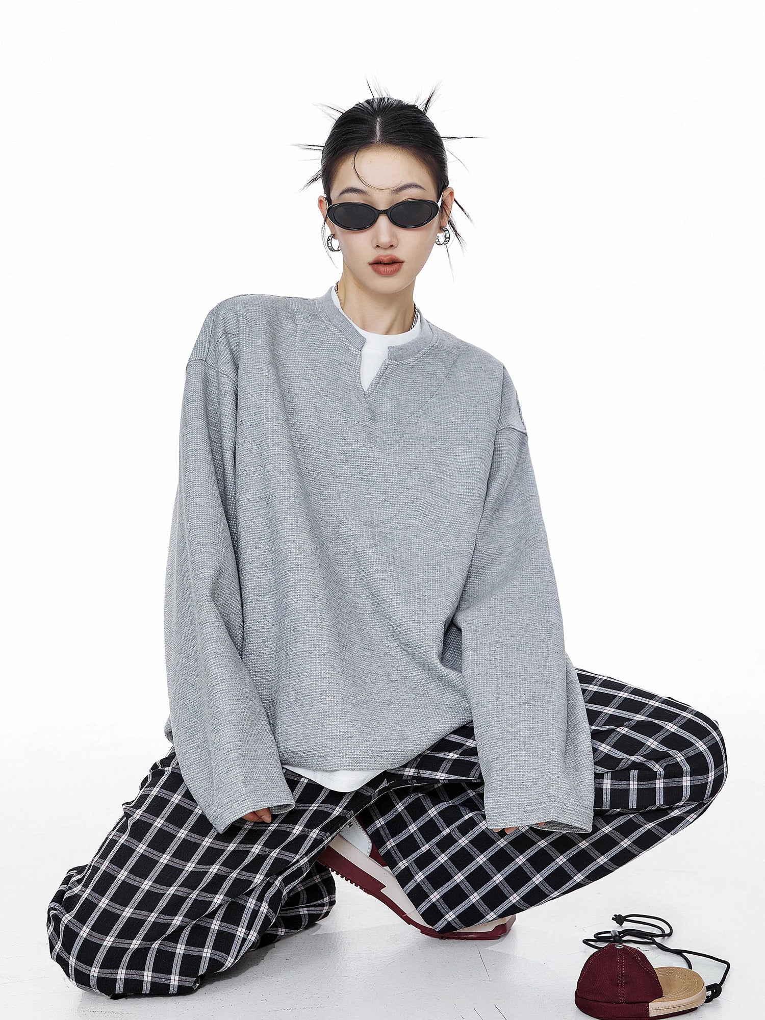 ICH MODE 美式复古假两件华夫格卫衣女秋冬宽松长袖休闲上衣外套