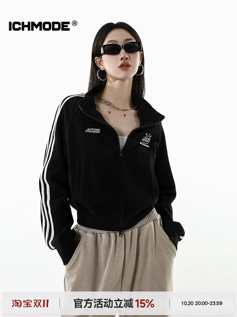 ICH MODE 美式修身短款黑色外套女2025新款秋冬运动连帽卫衣开衫