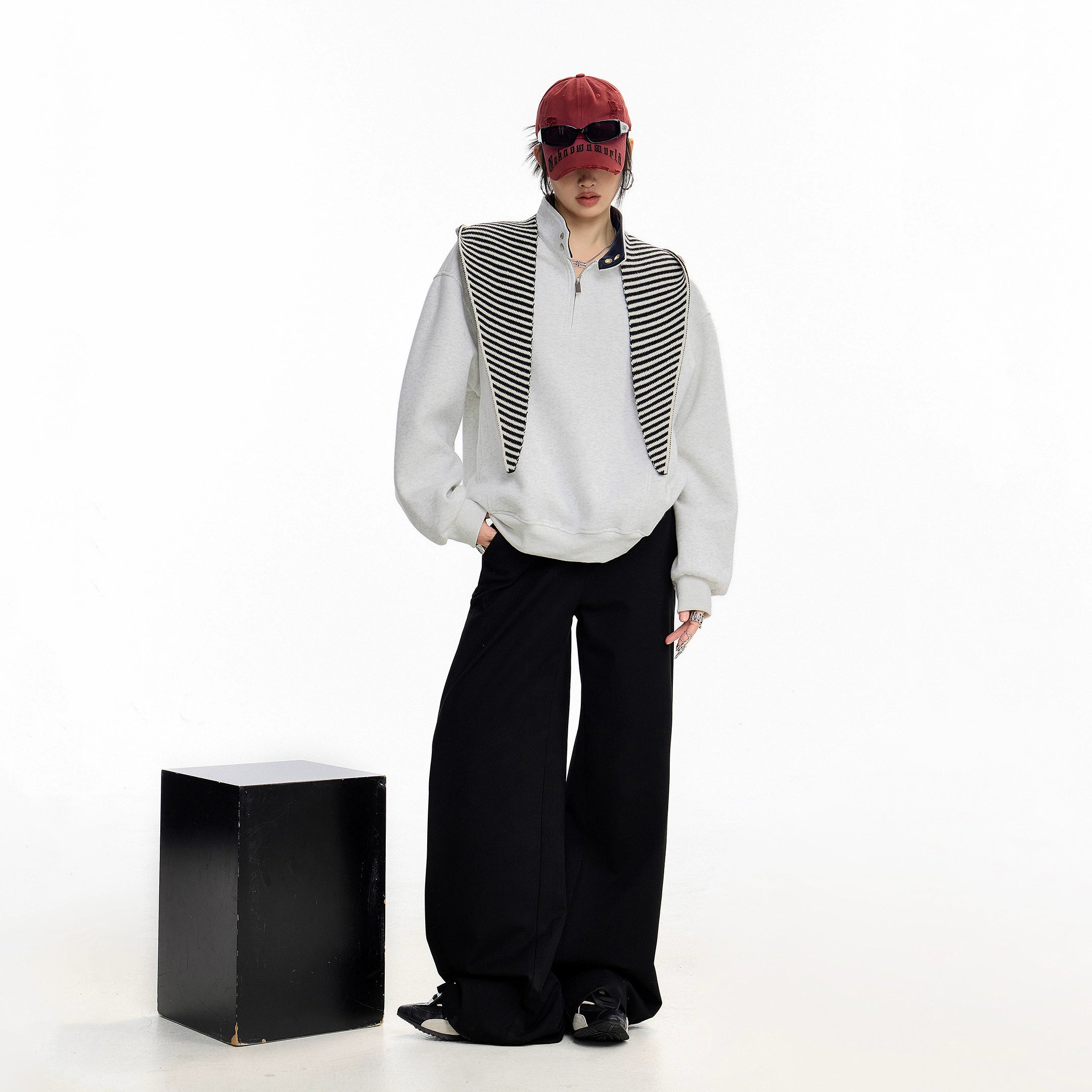 ICH MODE 美式复古撞色立领卫衣女2025新款秋冬季半拉链上衣外套