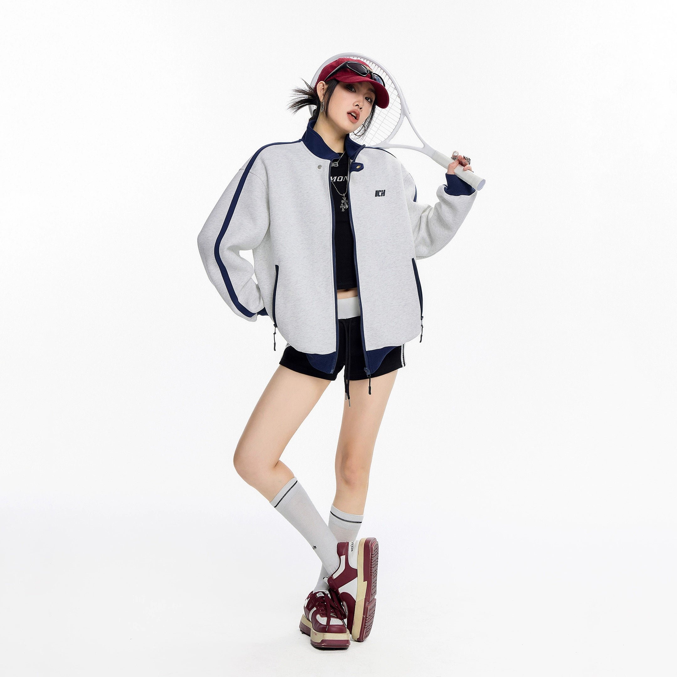 ICH MODE 美式复古撞色立领外套女秋冬新款运动夹克开衫卫衣上衣