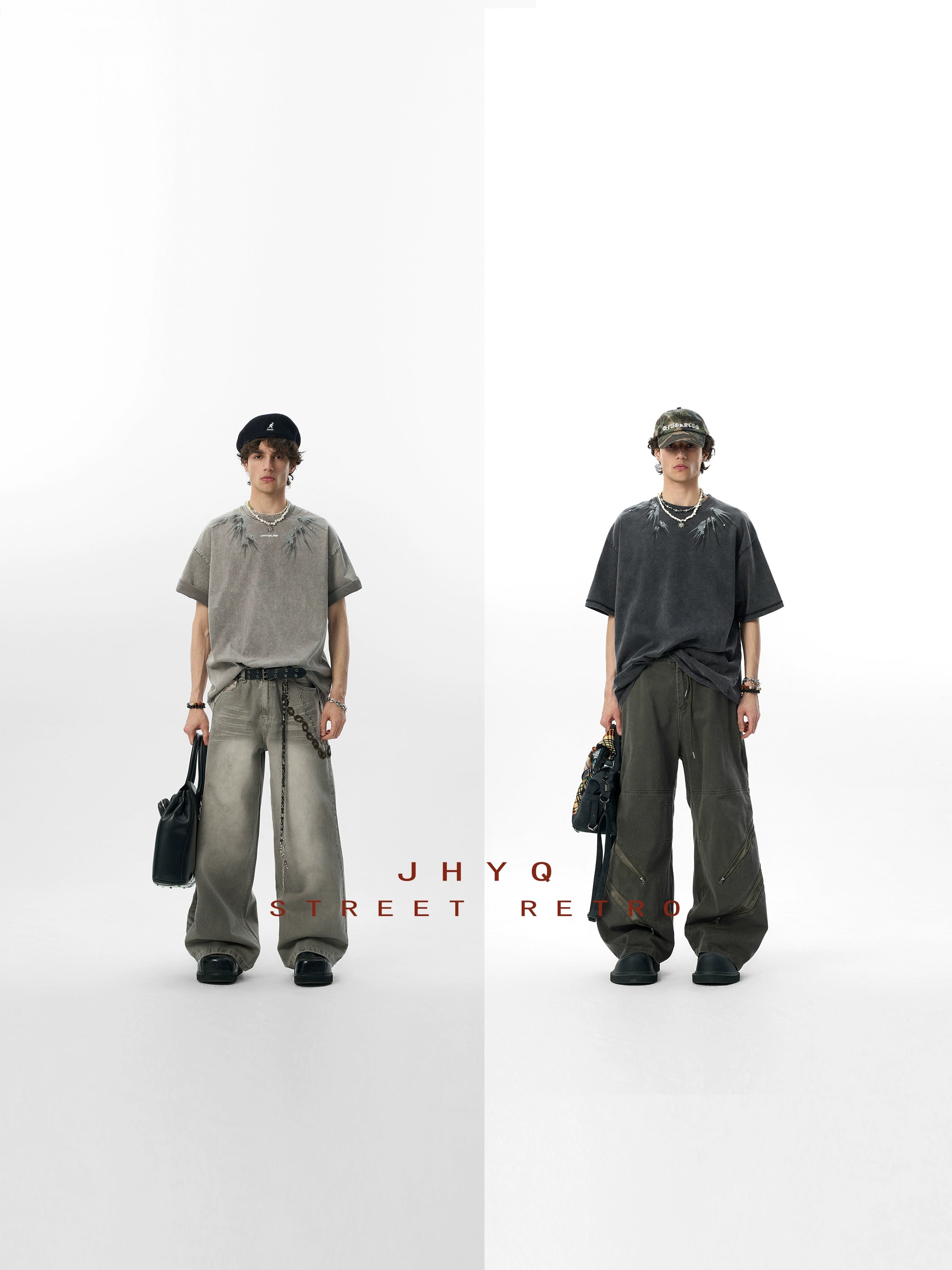 【燕尾】JHYQ美式水洗做旧印花镶钻短袖T恤男宽松重磅圆领上衣夏