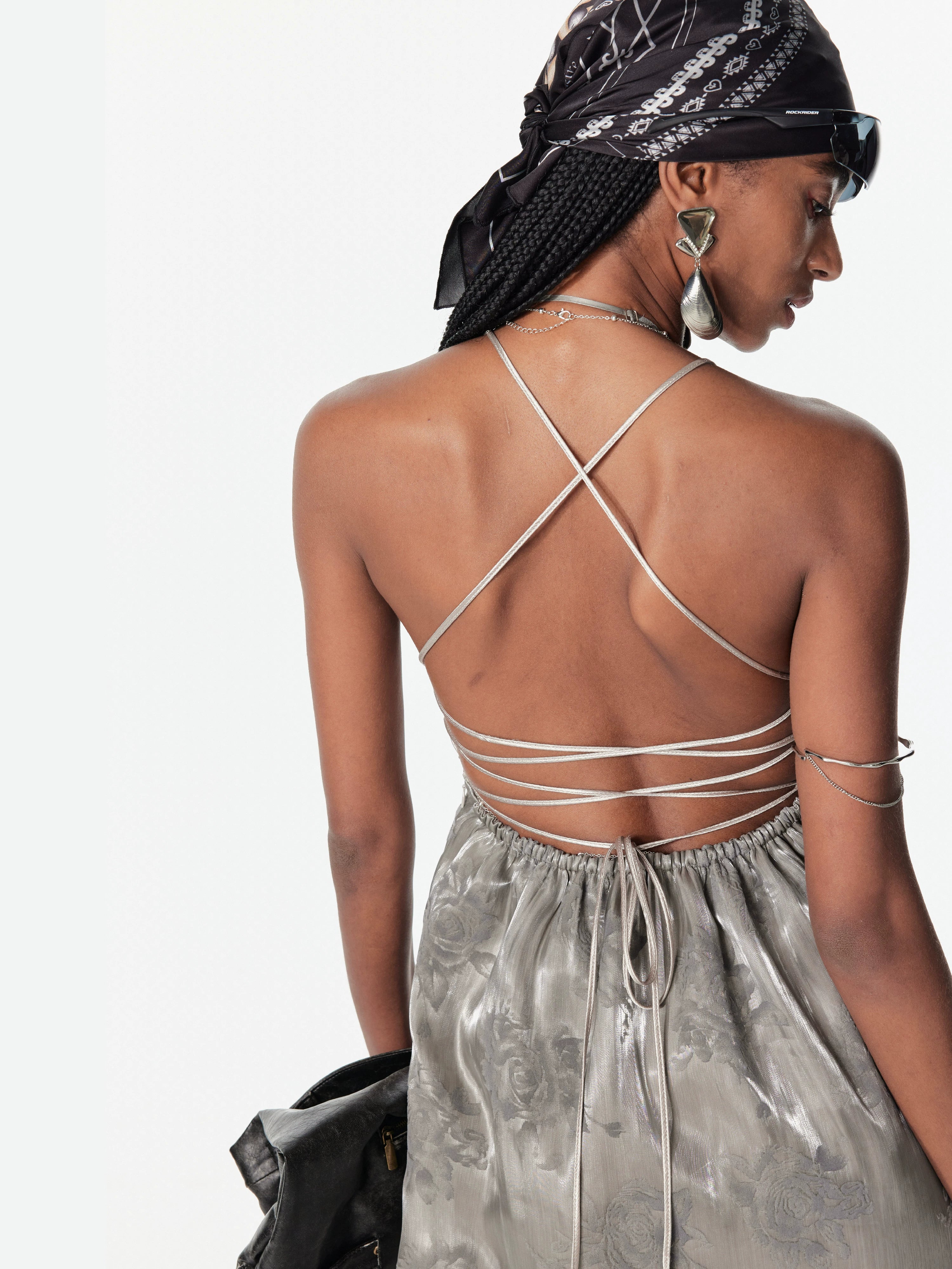 2th Desire假两件双层银丝花边绑带无袖露背度假风吊带裙连衣裙女