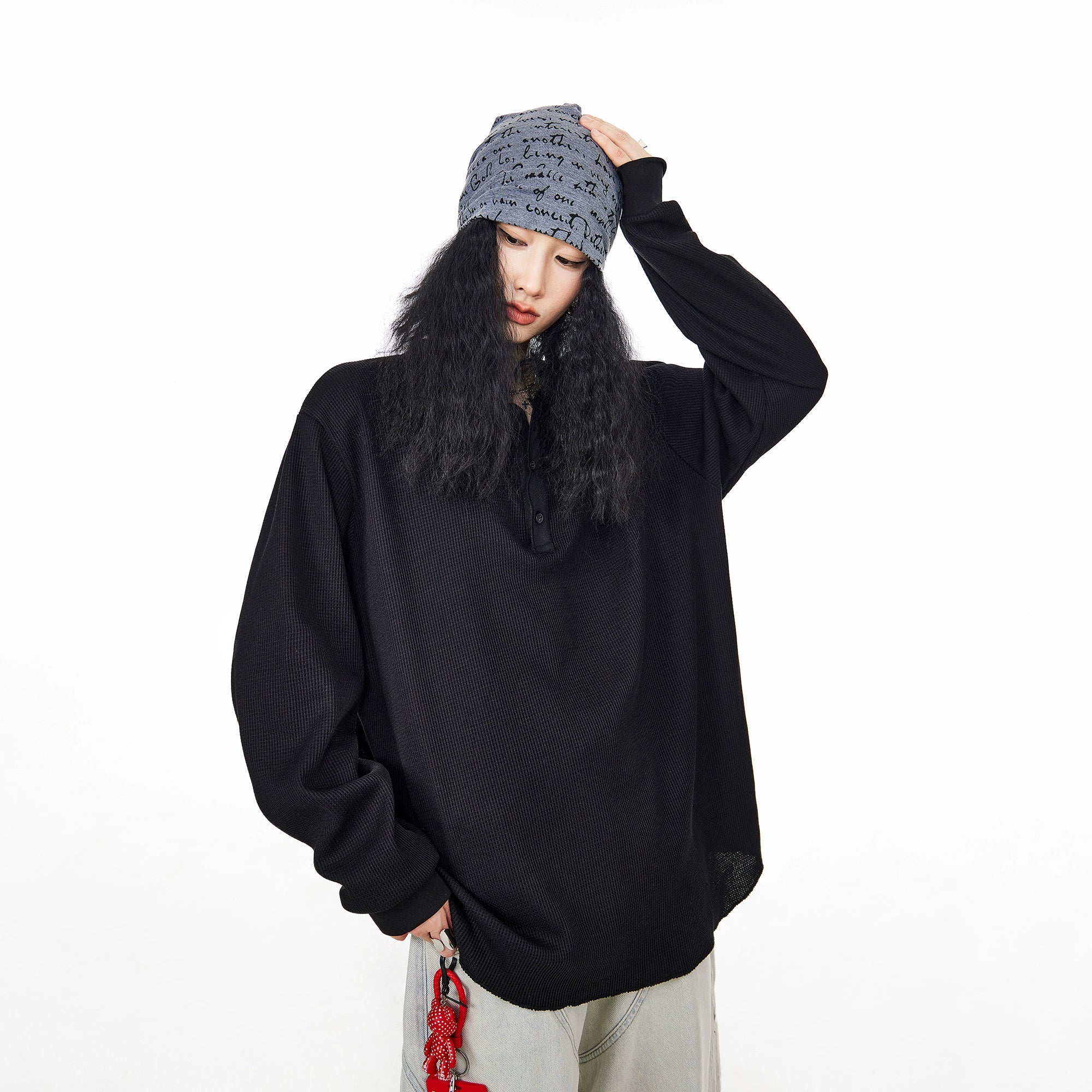 ICH MODE 美式亨利领长袖T恤女2025年夏季新款华夫格宽松休闲罩衫