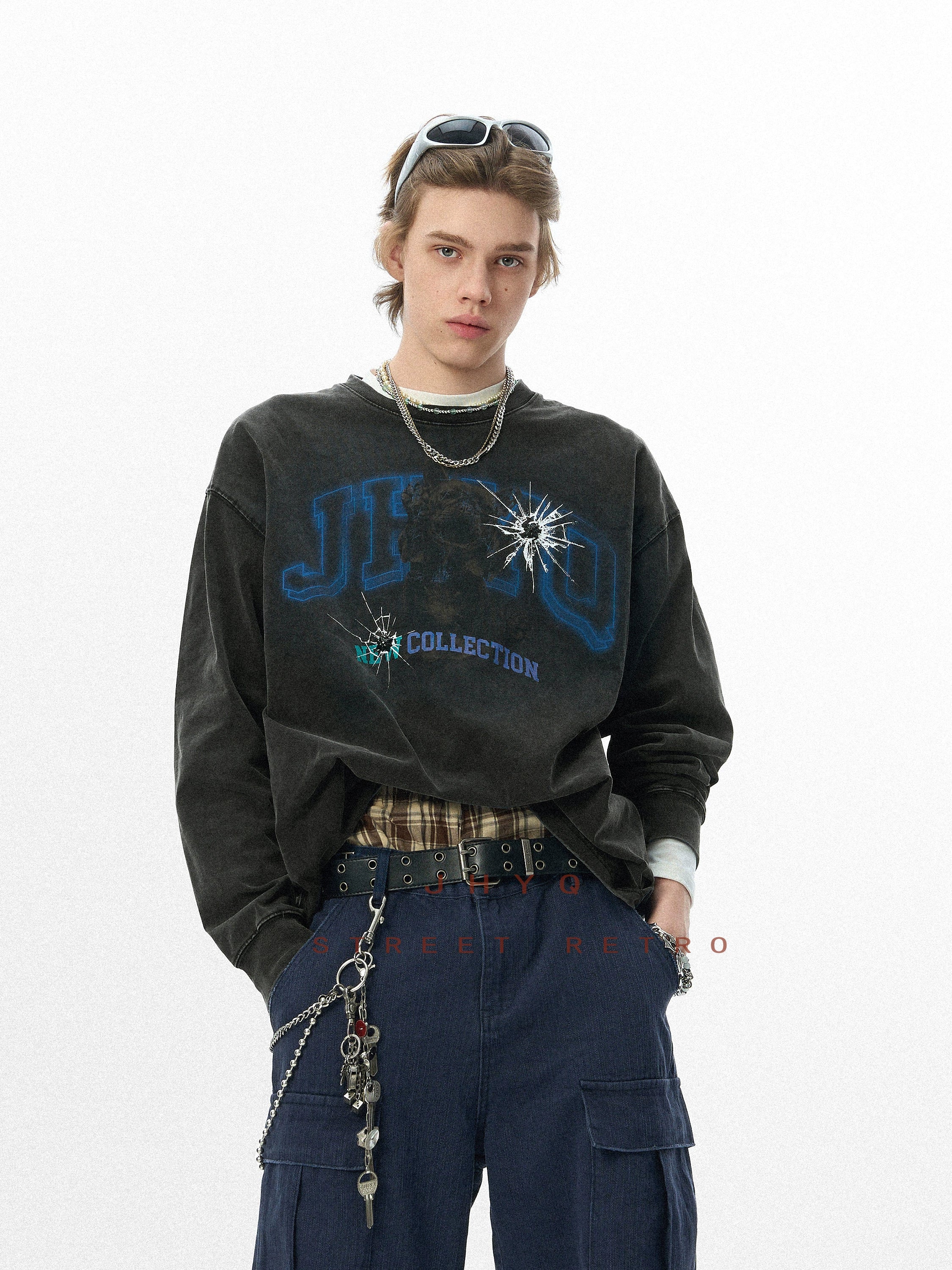 法斗犬丨JHYQ美式复古秋季水洗重磅320G长袖T恤男情侣印花卫衣衫