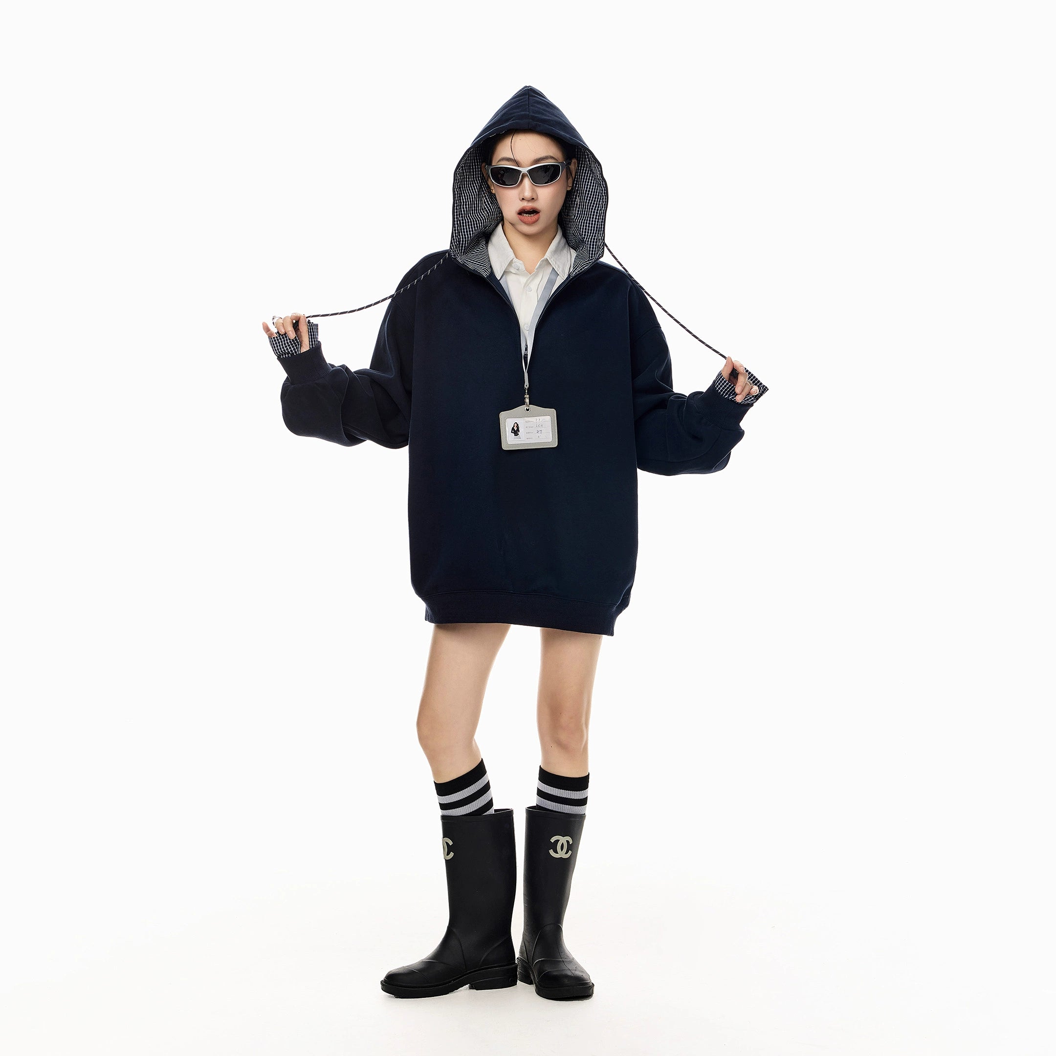 ICH MODE 美式复古格子拼接连帽卫衣女秋冬季半开领运动上衣外套