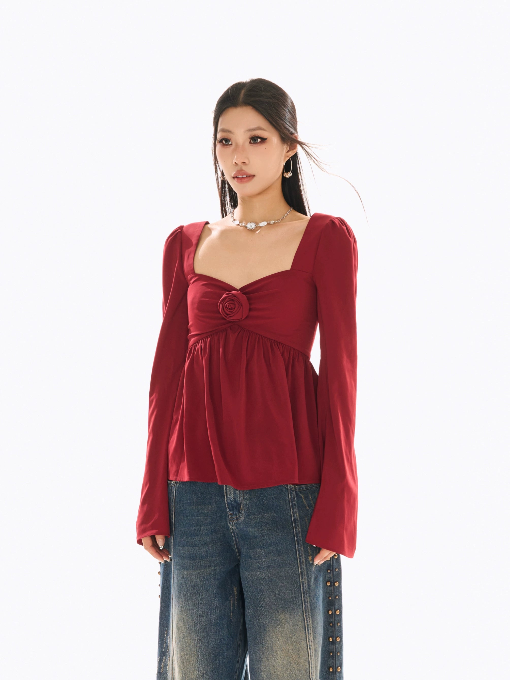 野生zerocircle红色法式别致小衫女春辣妹小众显瘦花朵喇叭袖上衣