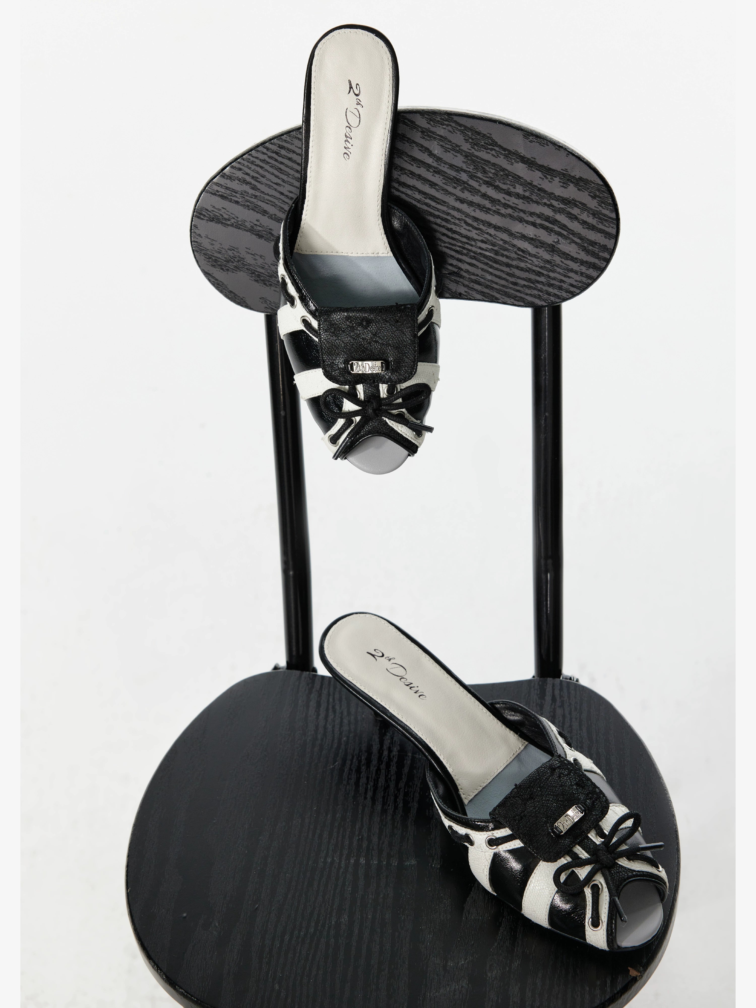 2th Desire原创鞋带绑带撞色蕾丝拼接小猫跟鱼嘴凉鞋低跟露趾拖鞋