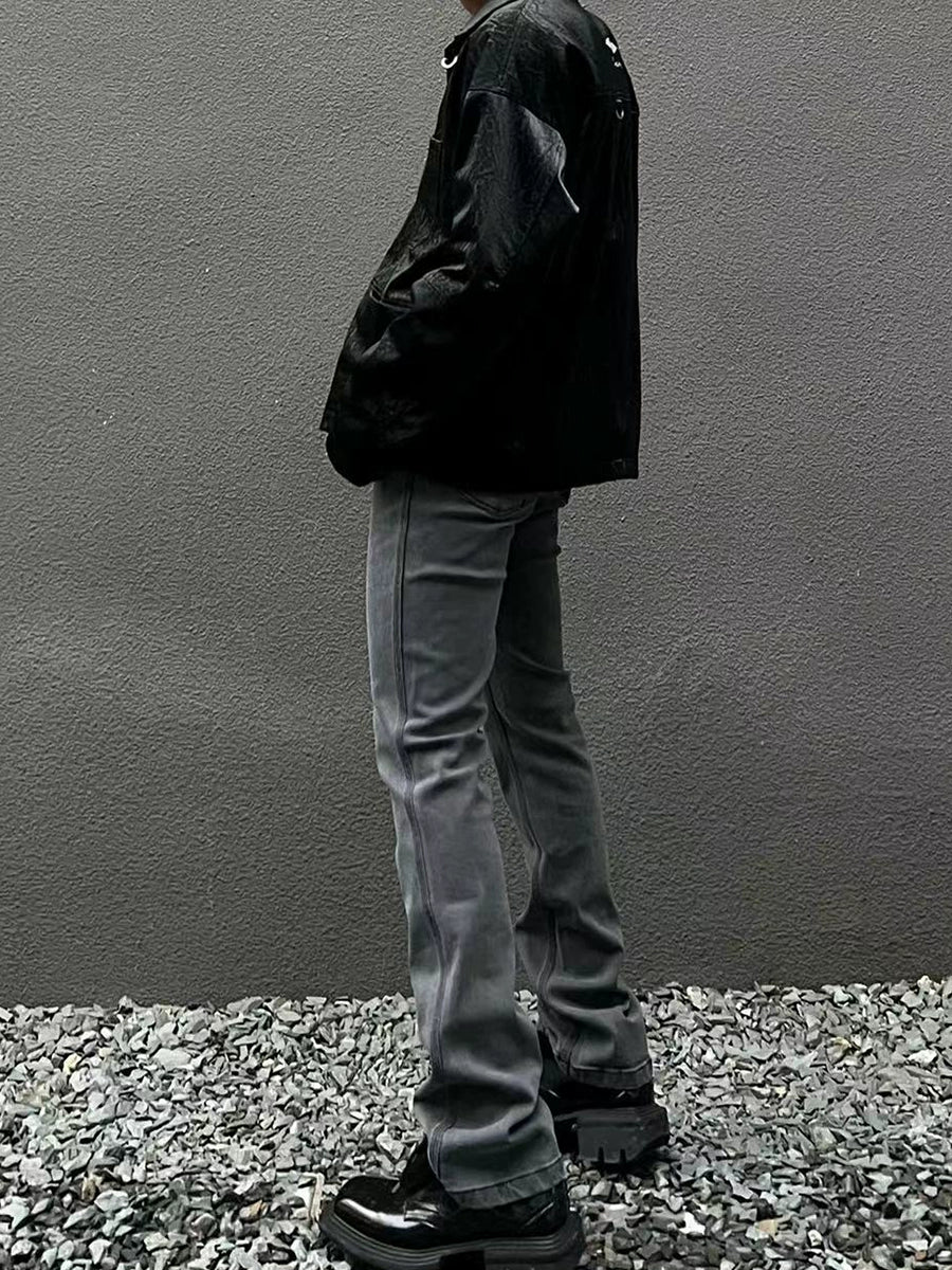 潮WOO专属TERRAINCOGNITA新款微喇叭宽松水洗灰简约百搭牛仔裤男