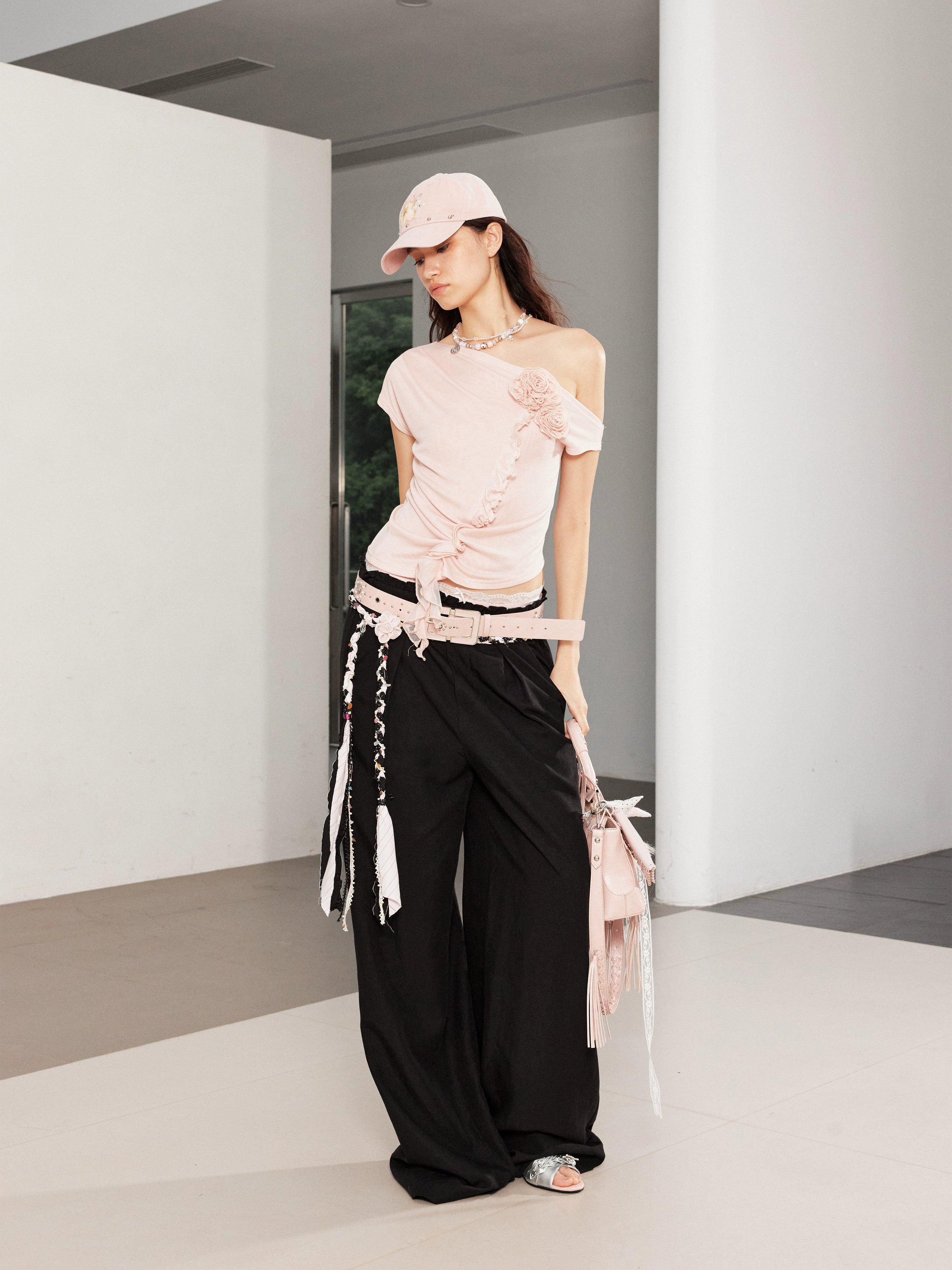 2th Desire复古松弛垂坠撞色腰头蕾丝花边拼接宽松直筒亚麻休闲裤