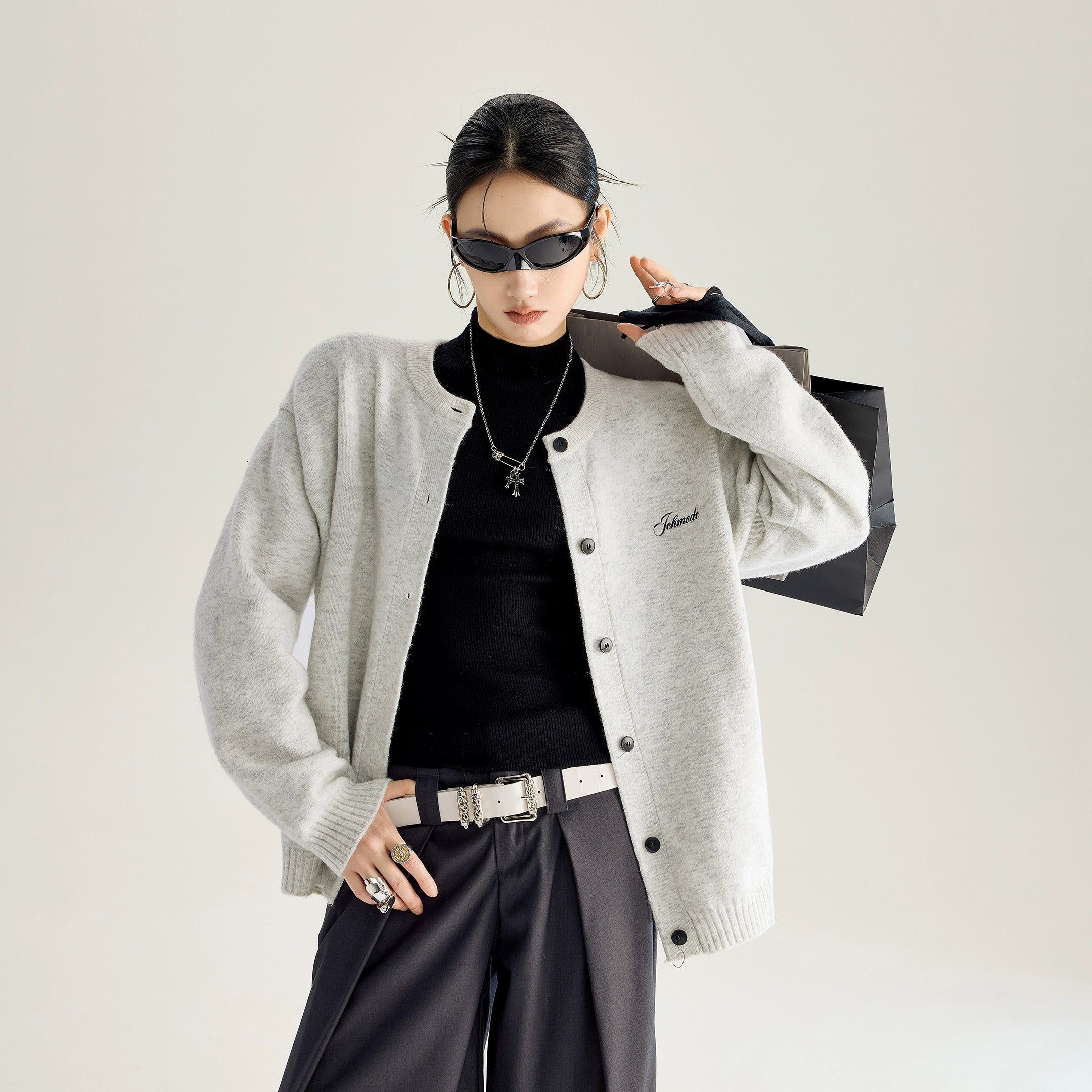 ICH MODE 美式复古珍珠刺绣毛针织开衫女秋冬季百搭休闲毛衣外套