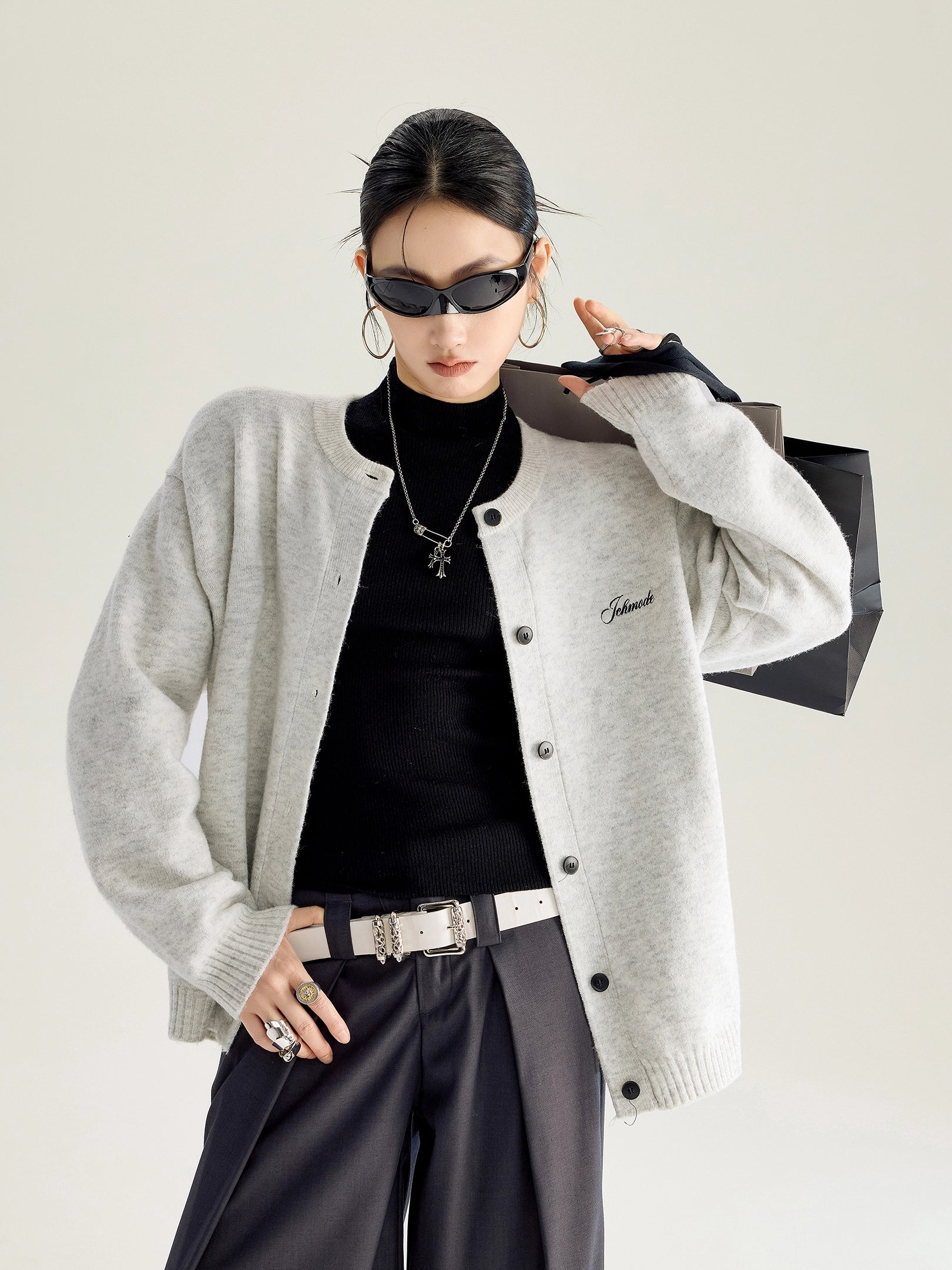 ICH MODE 美式复古珍珠刺绣毛针织开衫女秋冬季百搭休闲毛衣外套