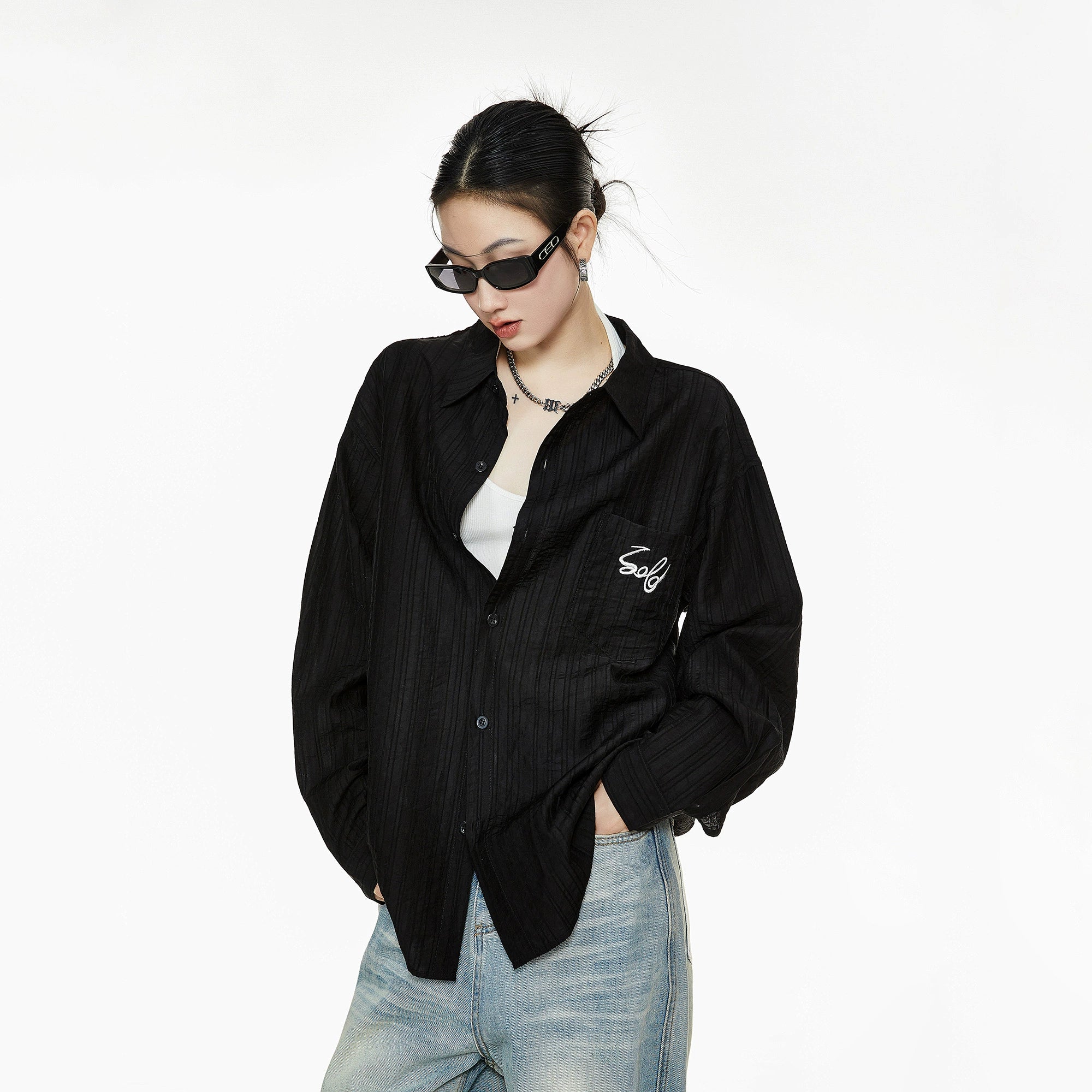 ICH MODE 美式复古刺绣长袖衬衫女夏轻薄物理防晒莱赛尔衬衣外套