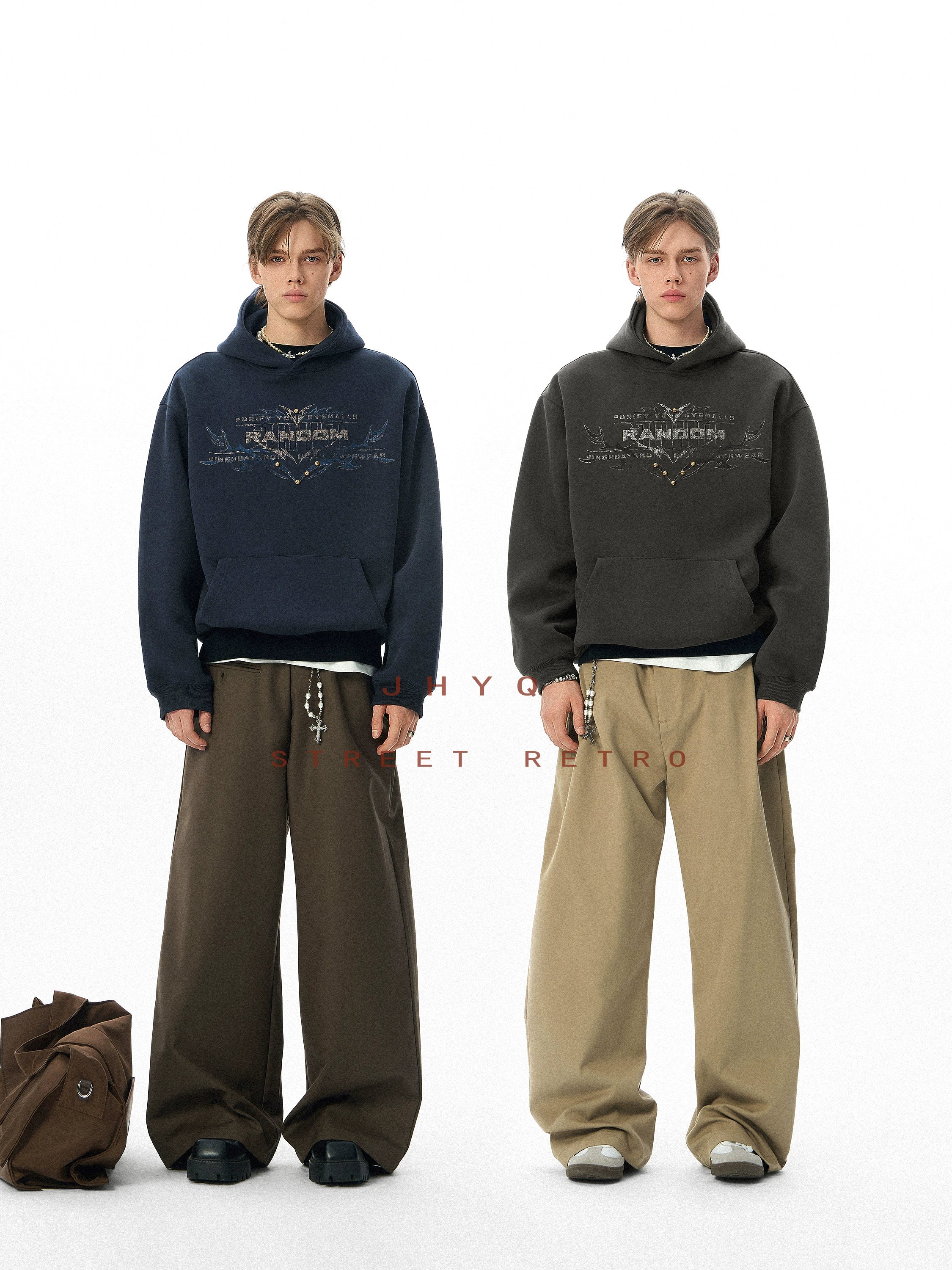 狐狸轮廓丨JHYQ美式复古铆钉字母印花连帽卫衣男秋季宽松休闲帽衫