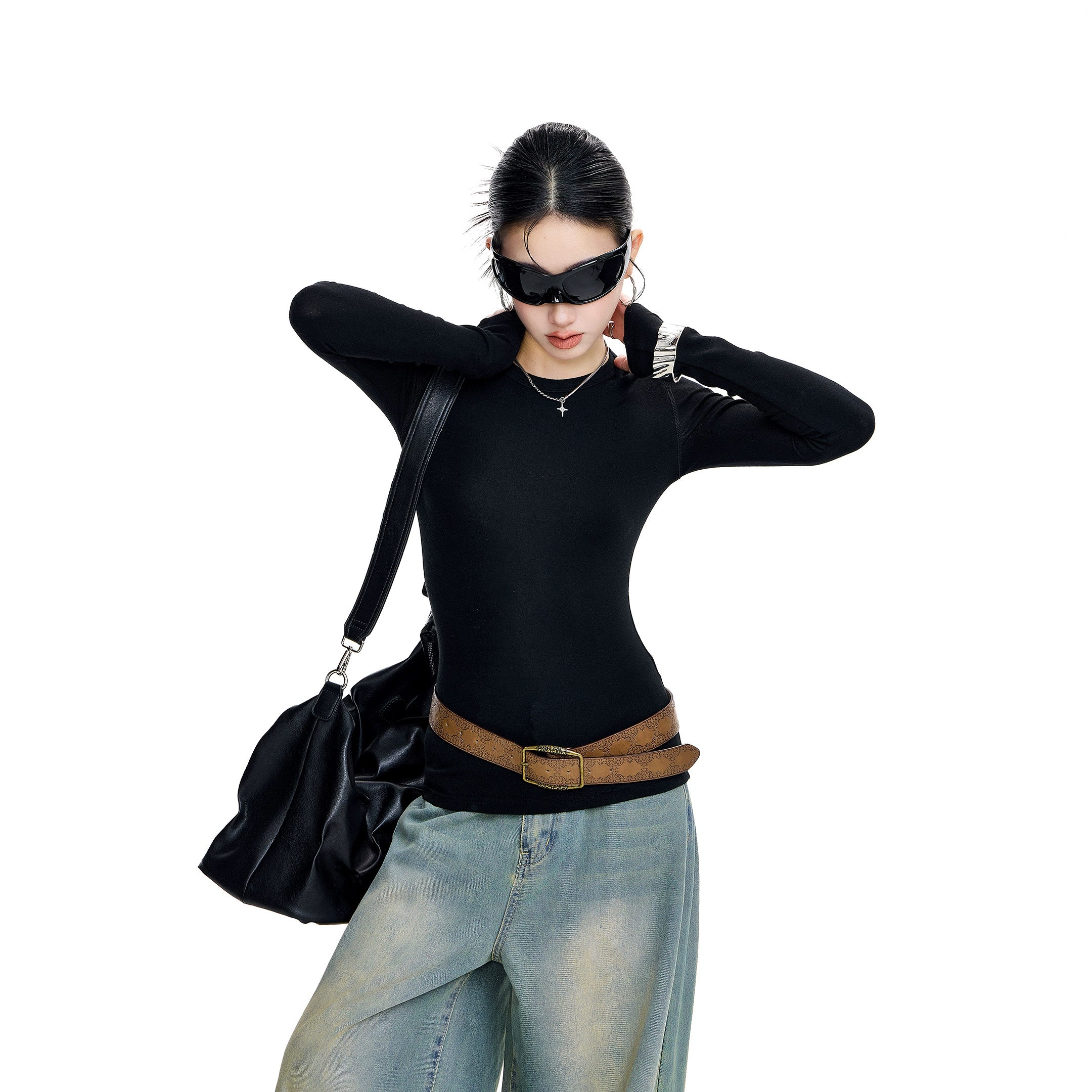 ICH MODE 美式复古正肩长袖T恤女秋冬修身内搭打底衫一字肩上衣