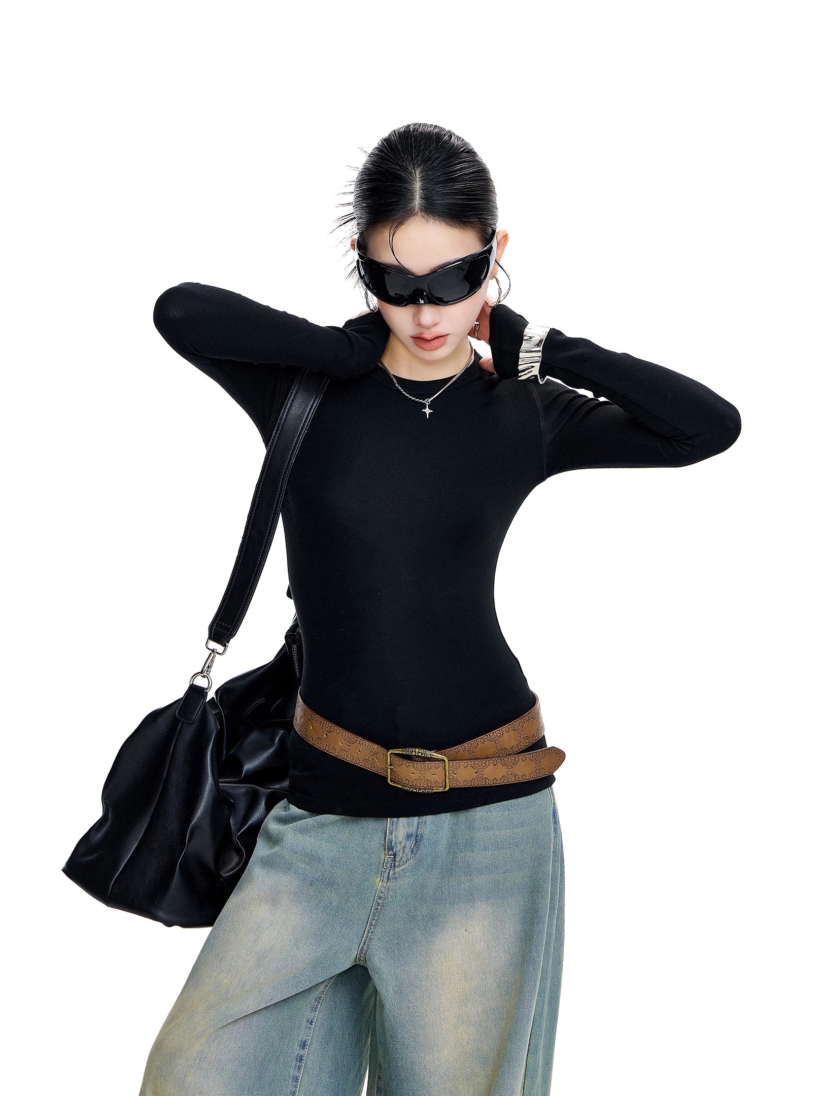 ICH MODE 美式复古正肩长袖T恤女秋冬修身内搭打底衫一字肩上衣