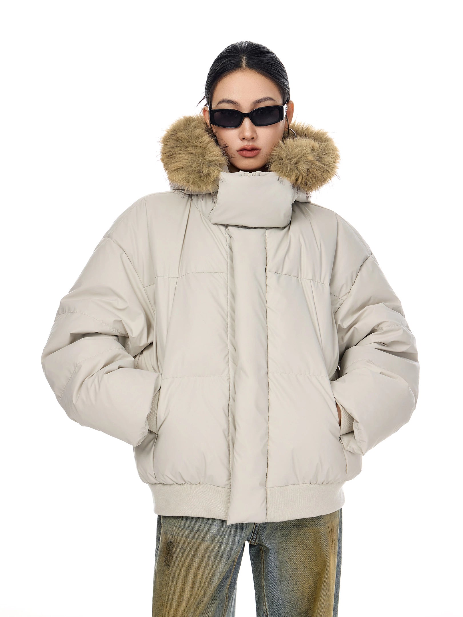 ICH MODE 90白鸭绒美式复古毛领连帽羽绒服女秋冬季保暖防寒外套