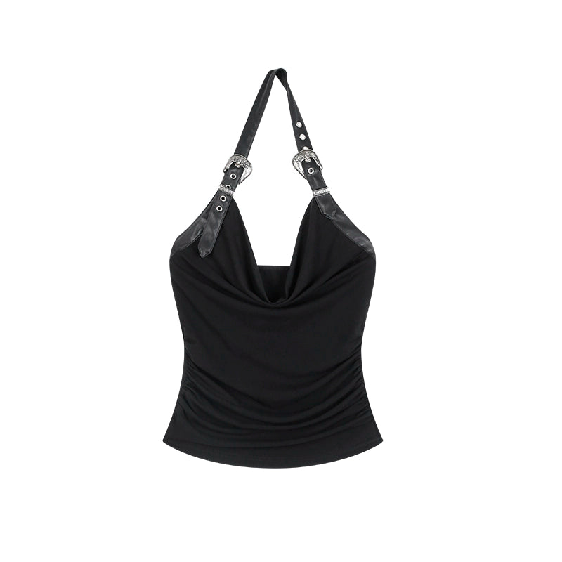 野生zero黑色无袖挂脖背心女夏季外穿设计感小众辣妹修身荡领上衣