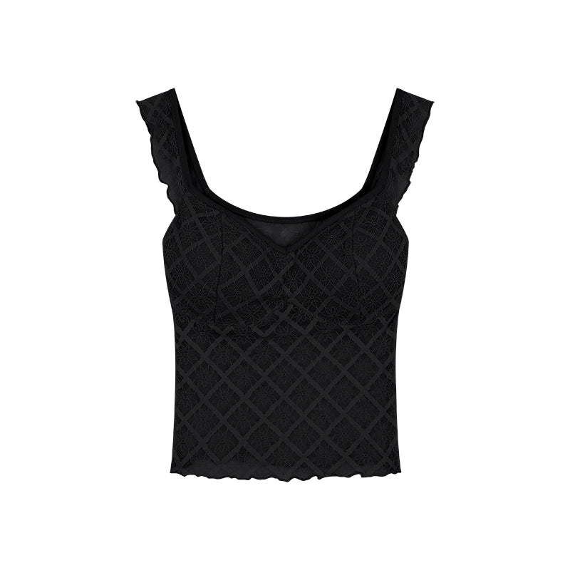 野生zero黑粉色蕾丝吊带胸垫背心女夏季外穿辣妹修身无袖短款上衣