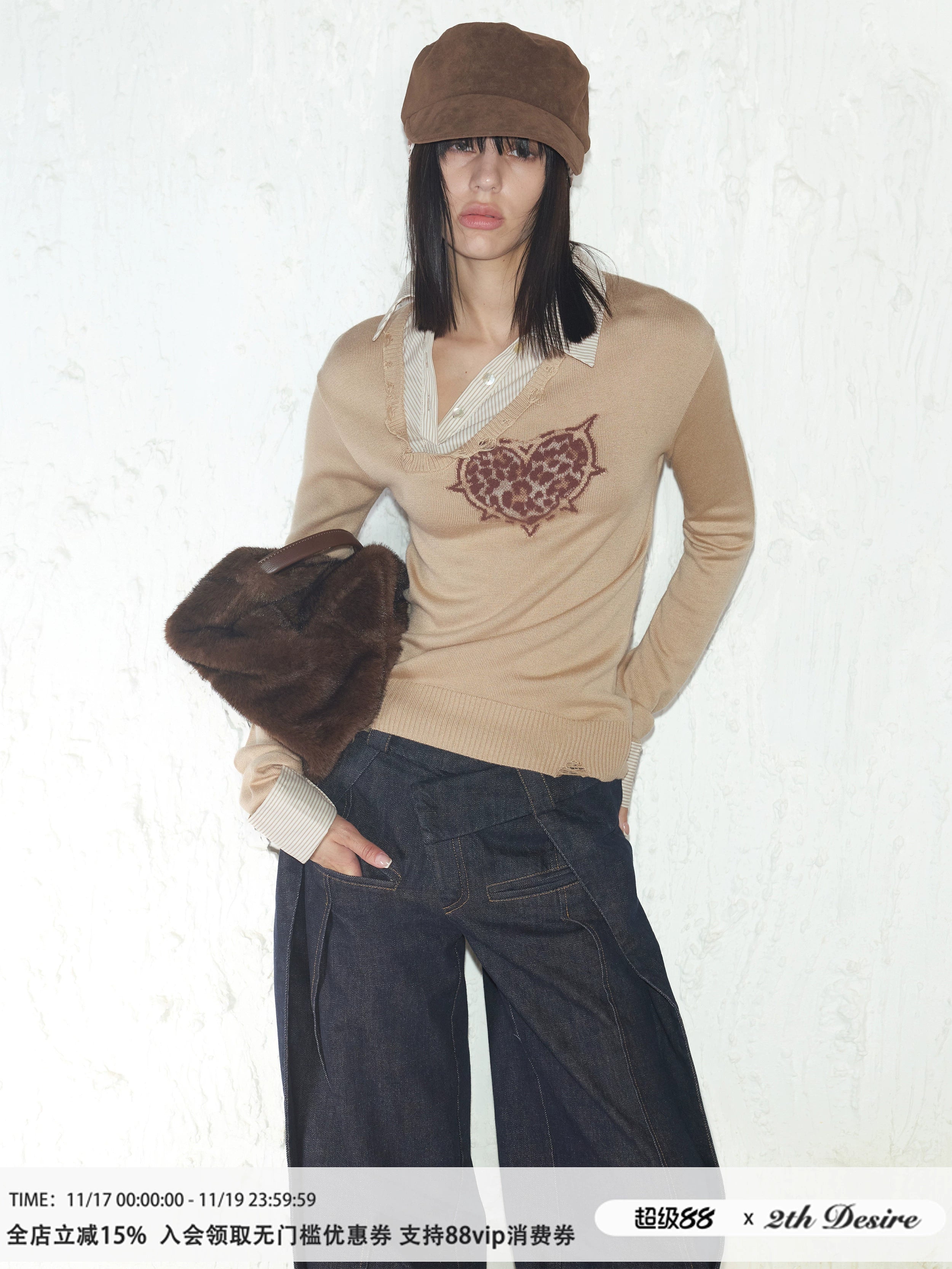 2th Desire时髦复古爱心豹纹假两件拼接撞色条纹毛衣针织衫上衣