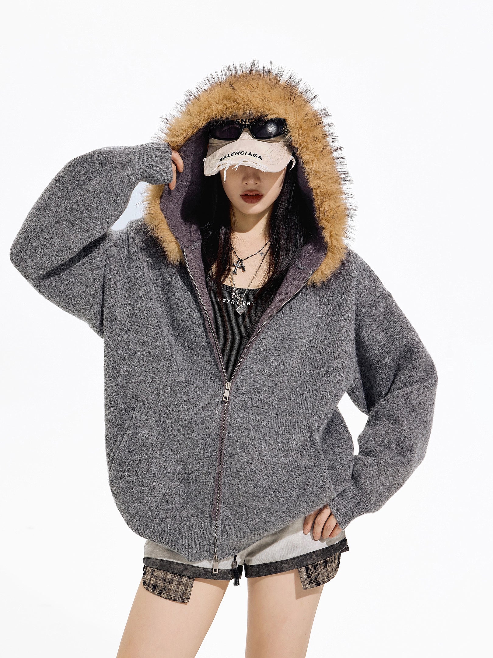 ICH MODE 美式可拆卸毛领黄色针织开衫女秋冬季宽松慵懒毛衣外套