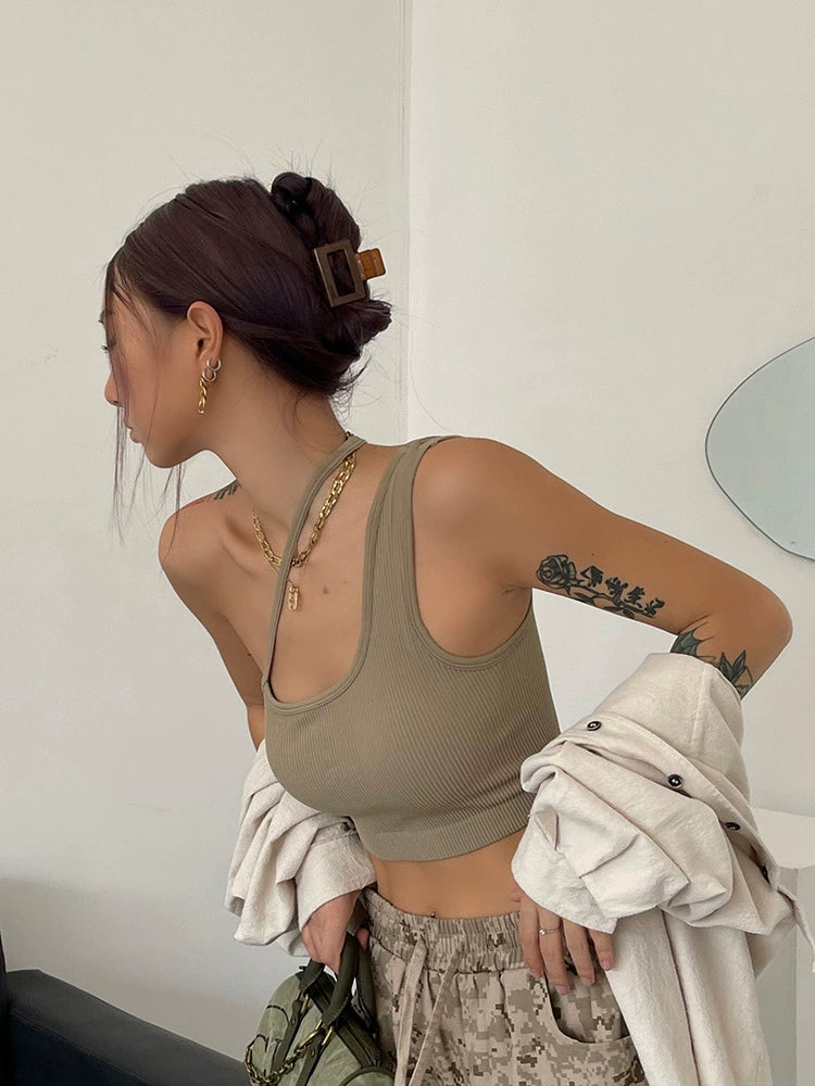 野生zero吊带背心女夏季美式辣妹抹胸内搭设计感斜肩外穿短款上衣