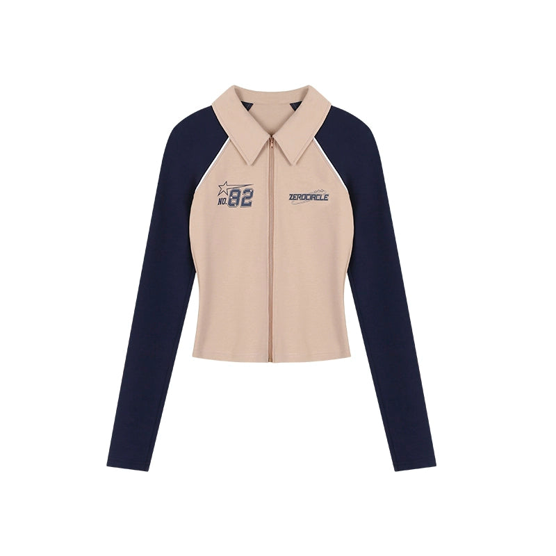 野生zerocircle撞色短款翻领插肩长袖上衣女春季辣妹修身显瘦开衫