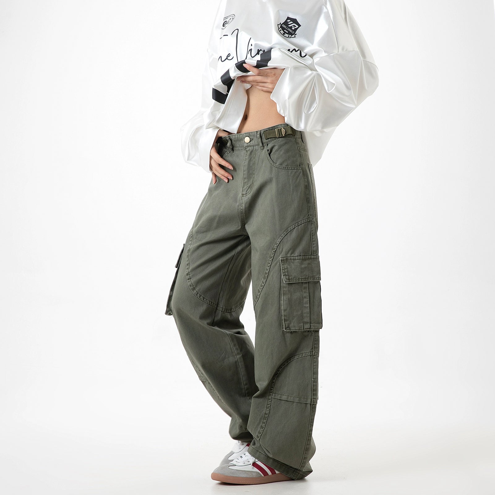 ICH MODE 美式复古口袋工装裤女宽松直筒阔腿运动休闲裤2025新款