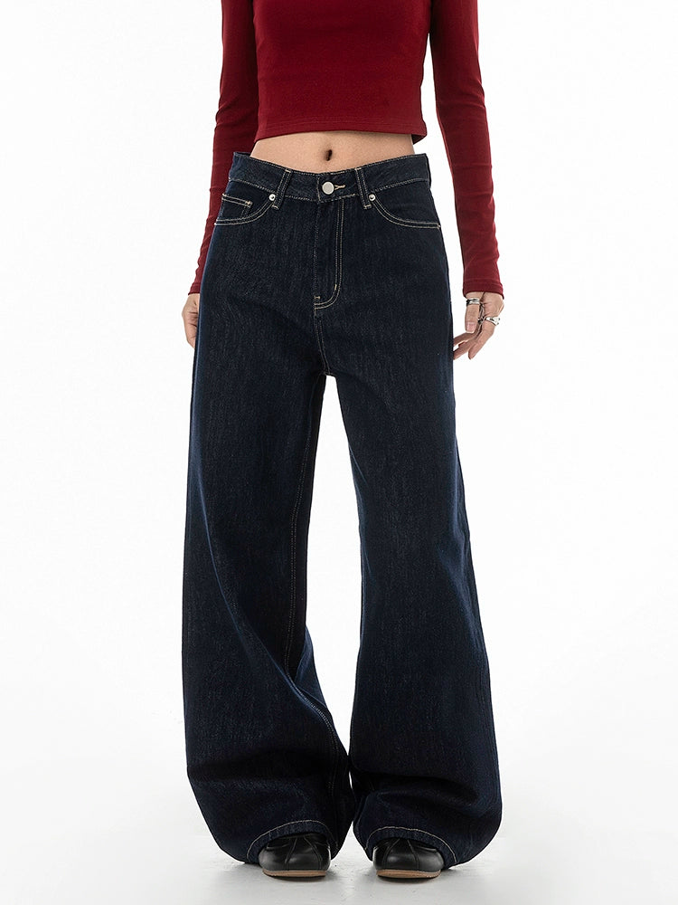 ICH MODE 美式复古丹宁蓝牛仔裤女秋冬宽松直筒裤休闲运动阔腿裤