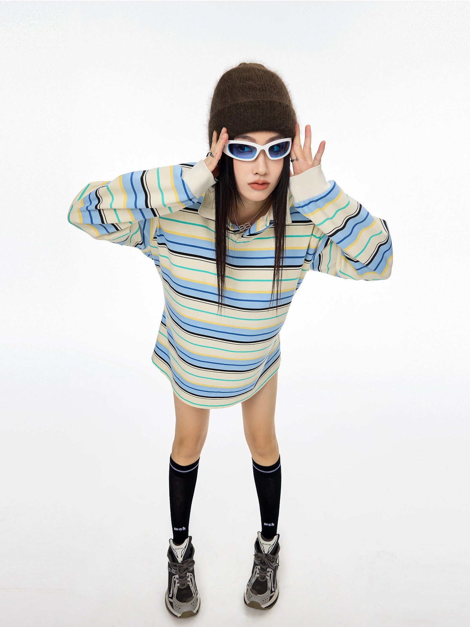 ICH MODE 美式复古条纹长袖T恤女秋冬新款拼接运动POLO衫休闲上衣