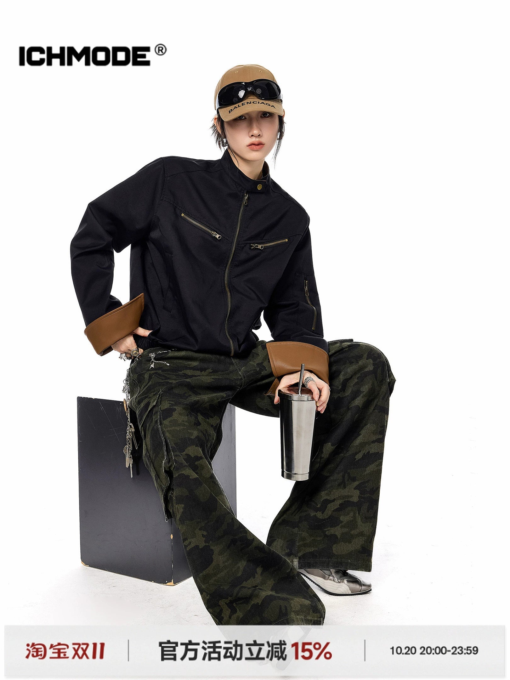 ICH MODE 美式复古工装短外套女2025新款秋冬巴恩风夹克立领上衣