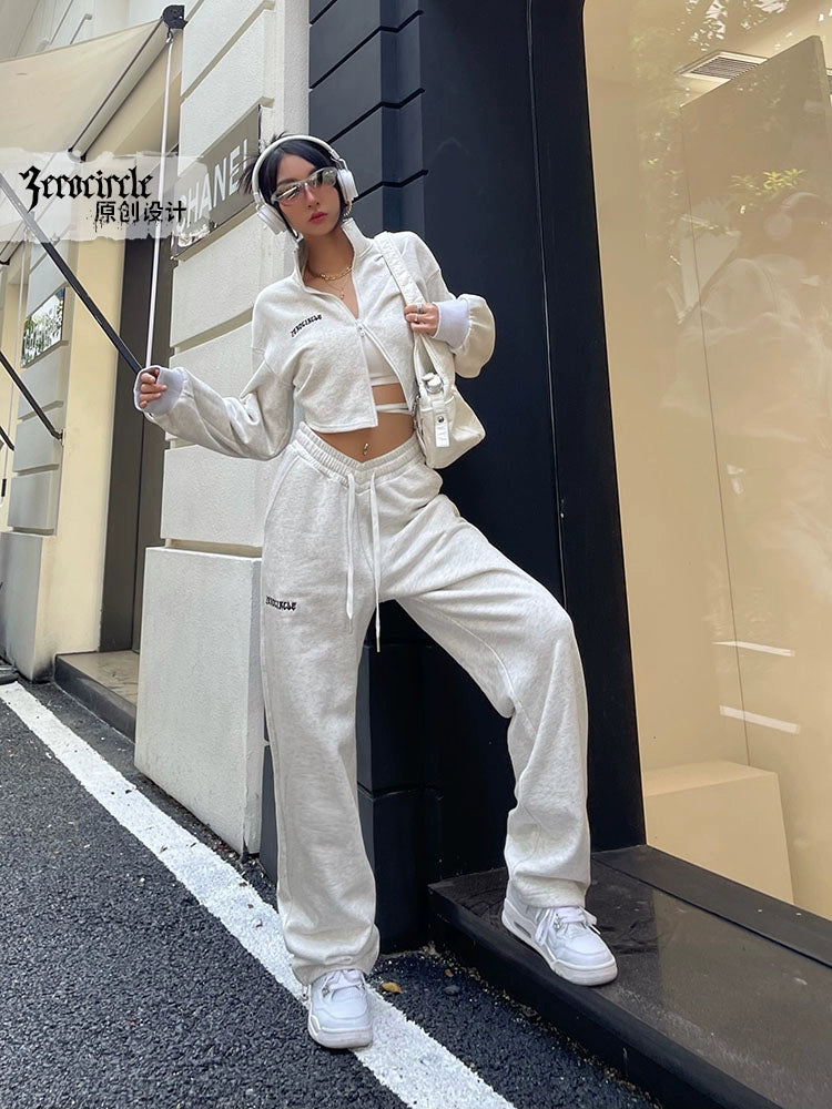 野生zerocircle灰色卫衣套装女春秋短款外套显瘦运动宽松休闲裤子