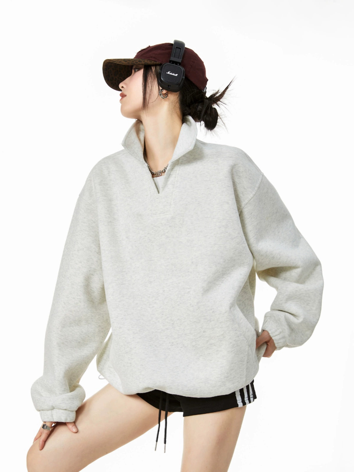 ICH MODE 美式POLO领纯色卫衣2025年秋冬新款慵懒风宽松上衣女款