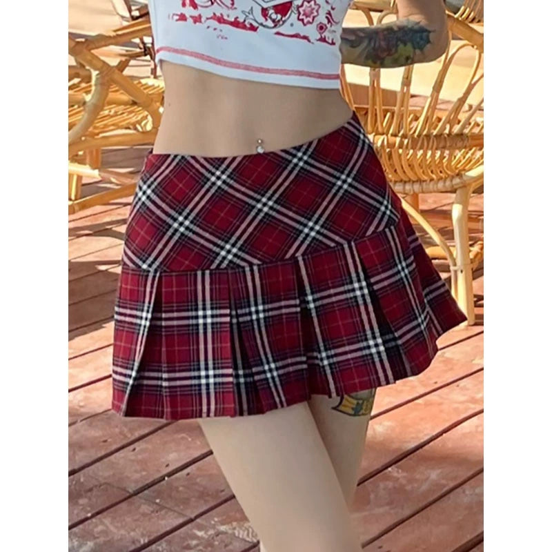 野生zero 红色格子百褶裙女夏季高腰a字设计感小众辣妹半身短裙子