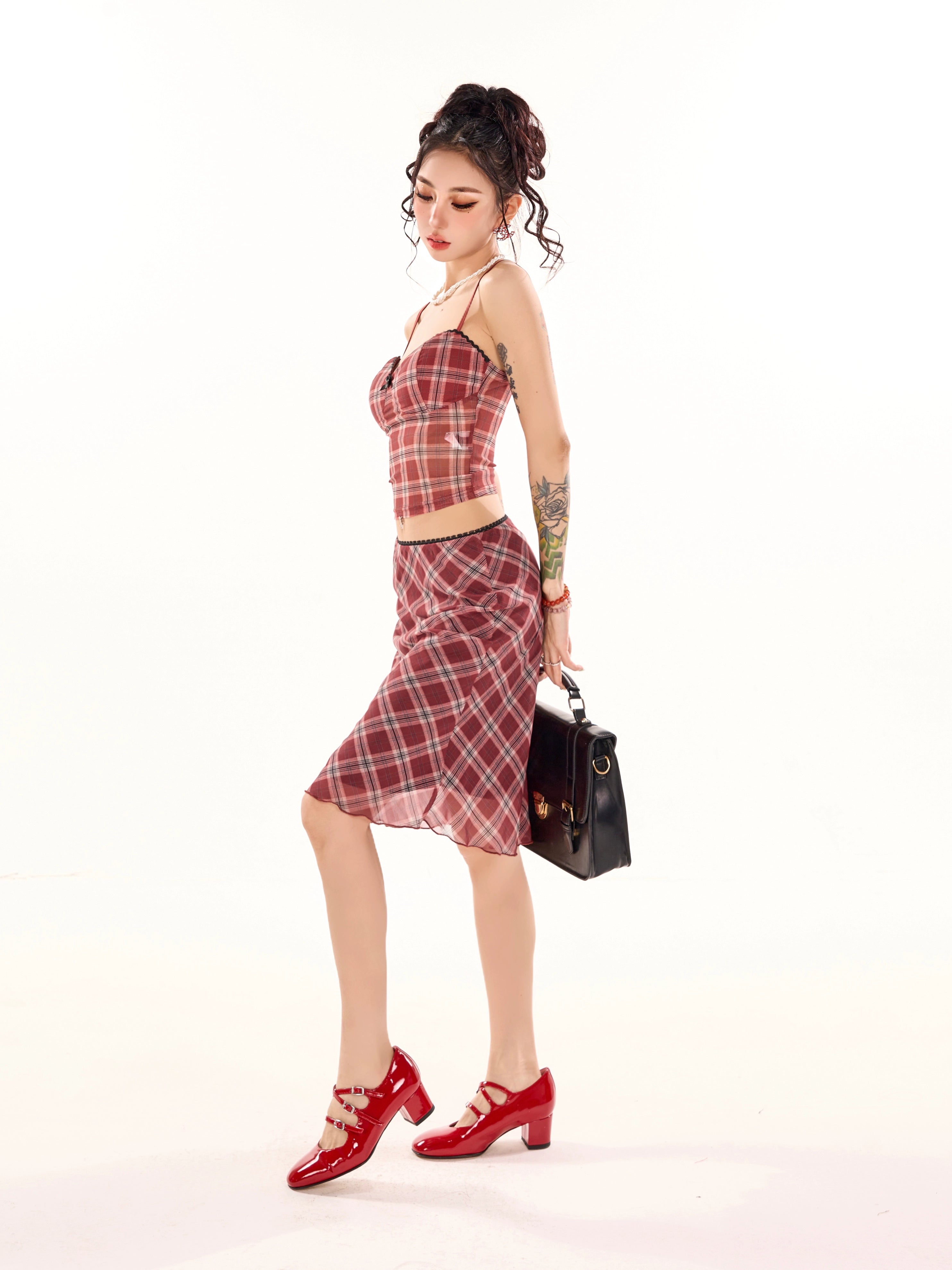 野生zerocircle 红色格子中长款半身裙女春夏a字显瘦低腰雪纺裙子