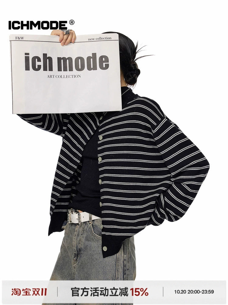 ICH MODE 美式复古条纹针织开衫女秋冬宽松毛衣休闲外搭上衣外套