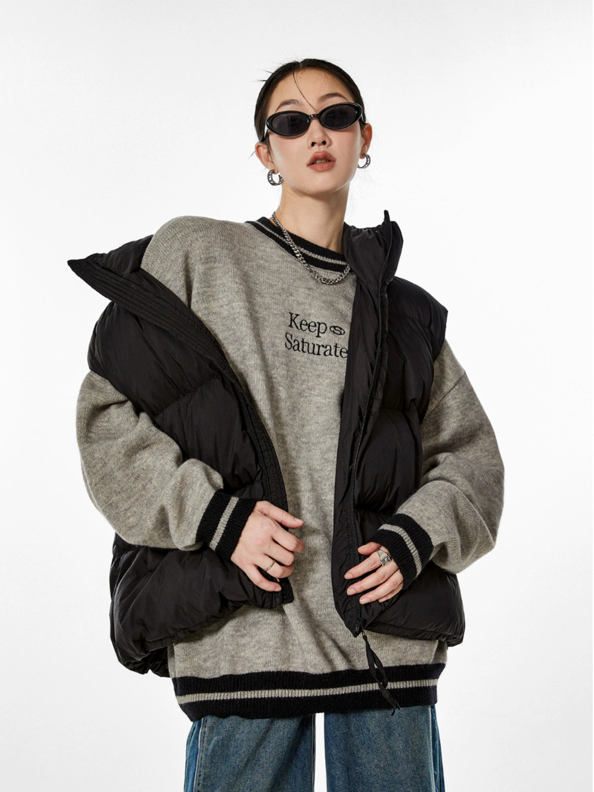 ICH MODE 美式复古圆领毛衣秋冬女宽松针织衫外套慵懒风2025新款