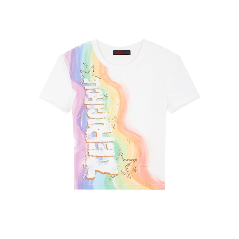 野生zero 白色印花烫钻正肩短袖t恤女夏季甜辣设计感修身显瘦上衣