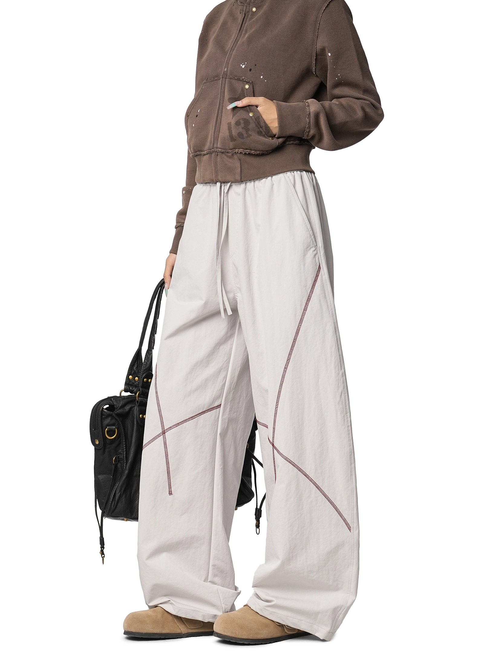 ICH MODE 美式复古户外哈苏线休闲裤女宽松弯刀裤阔腿直筒运动裤