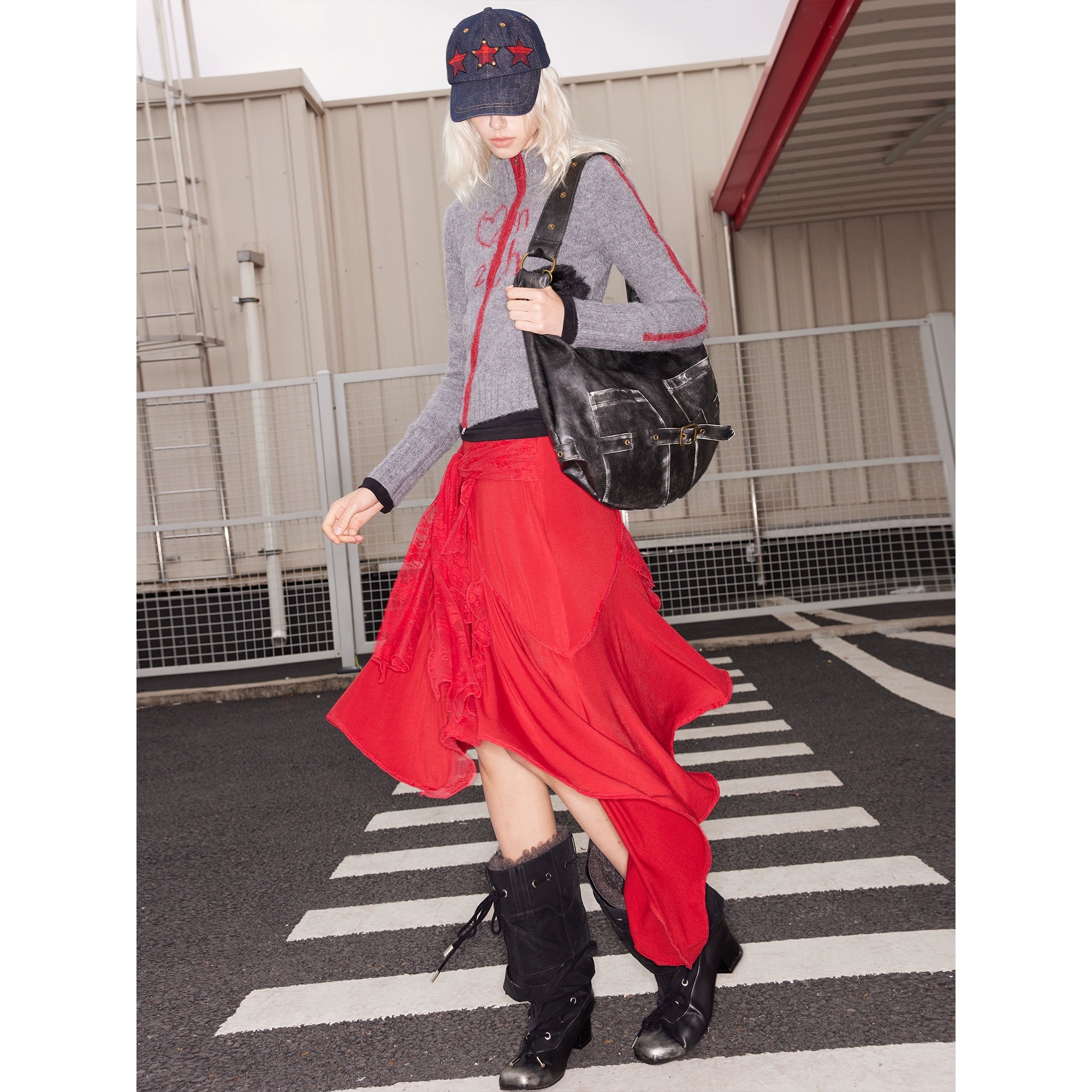 2th Desire羊毛蕾丝拼接绑带垂坠感不规则休闲慵懒显瘦针织半身裙