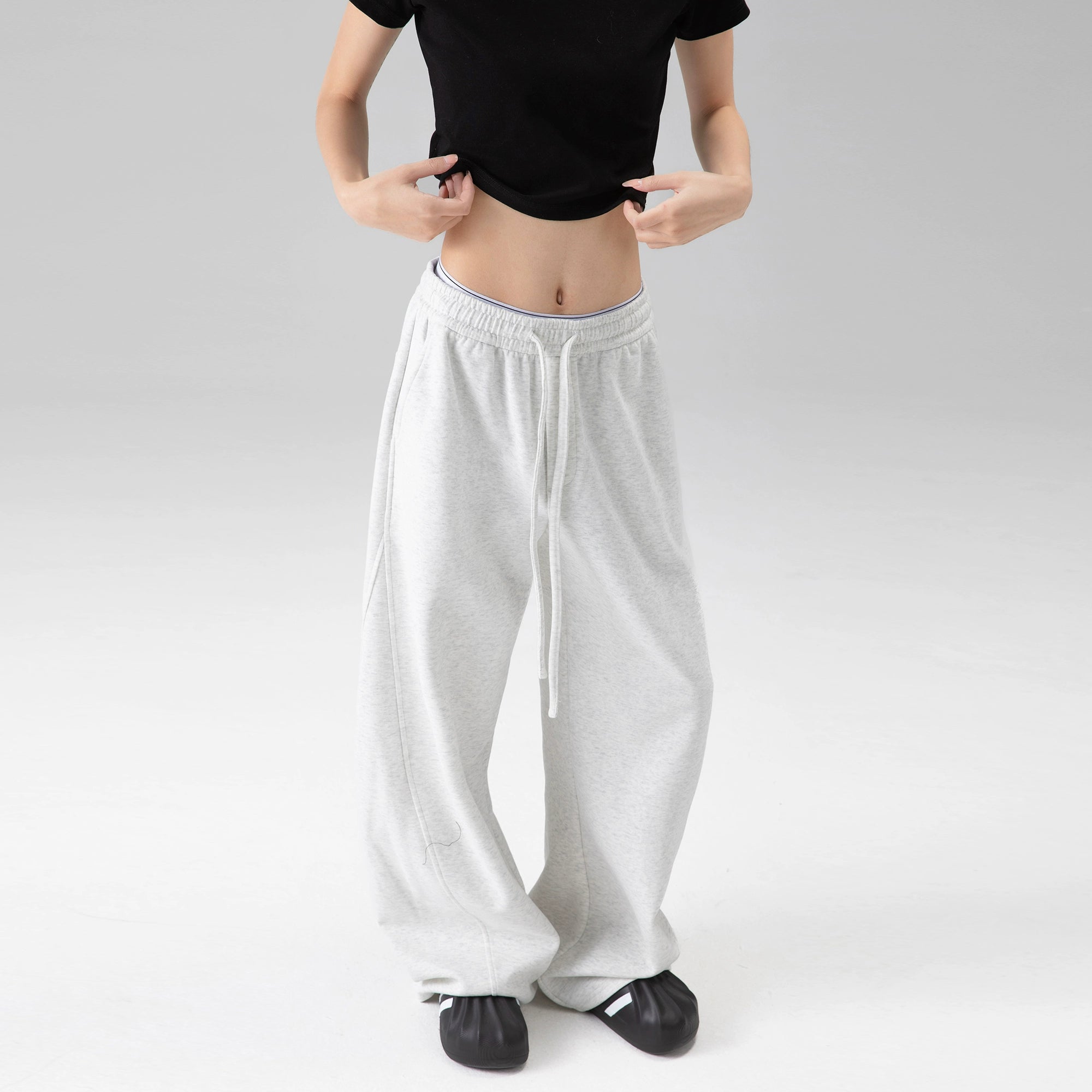 ICH MODE 美式加绒卫裤运动裤女秋冬新款宽松阔腿休闲裤弯刀裤子