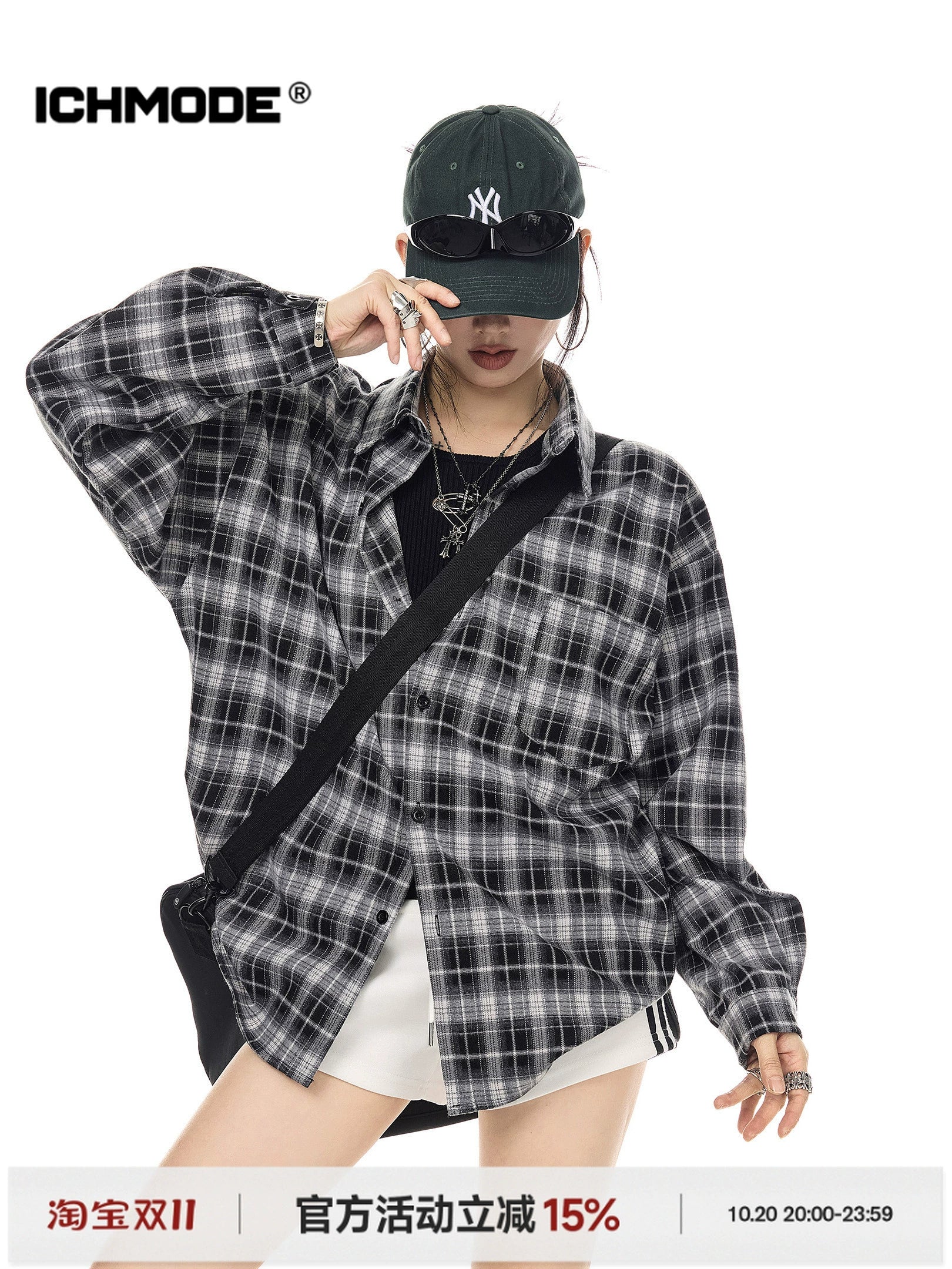 ICH MODE 美式复古休闲格子衬衫女2025新款宽松衬衣外套翻领上衣