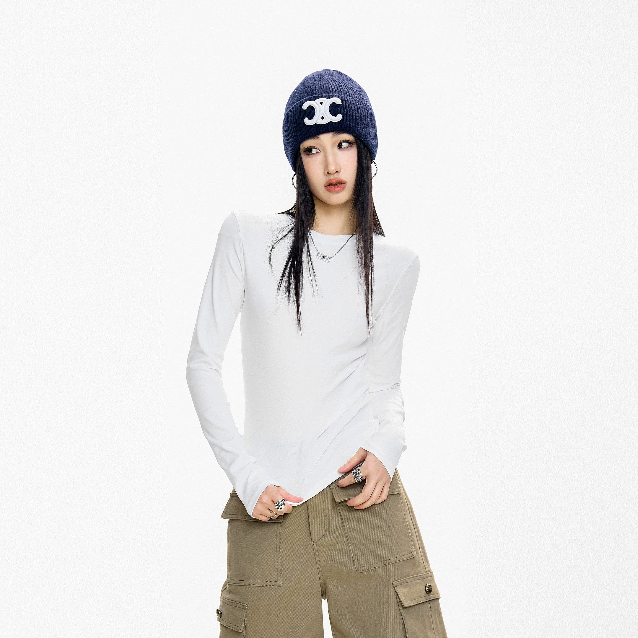 ICH MODE 美式复古正肩长袖T恤女秋冬2025新款修身打底一字肩上衣