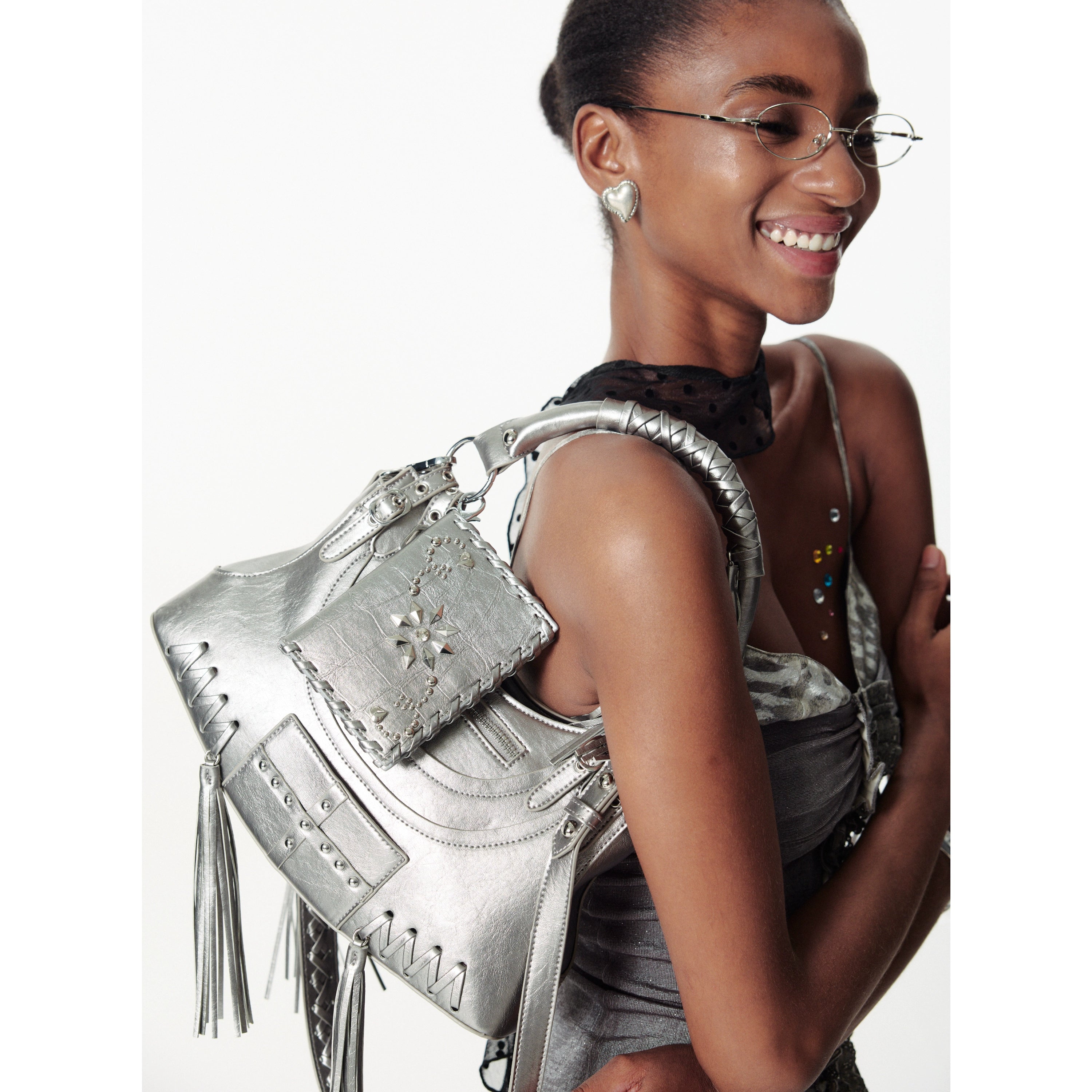 2th Desire重工复古流苏金属铆钉朋克机车包解构斜挎包单肩腋下包