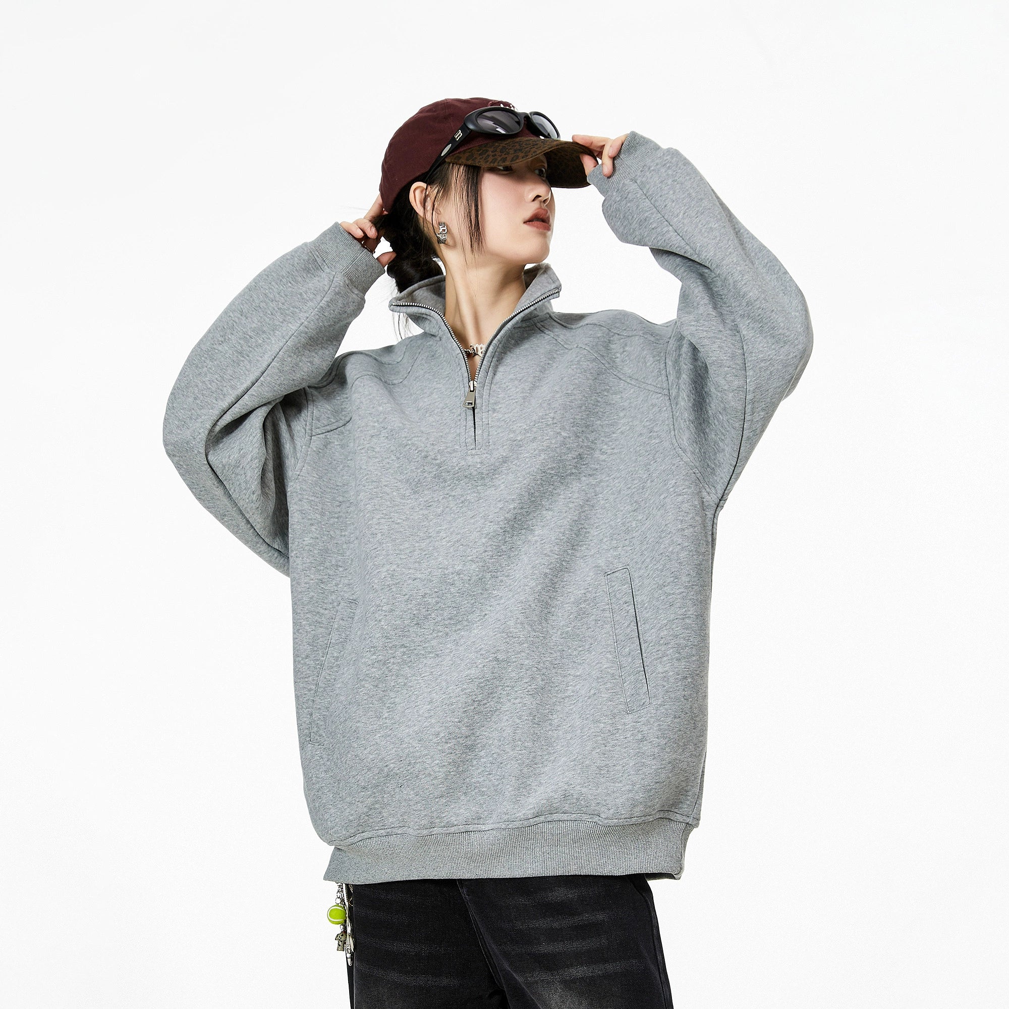 ICH MODE 美式半拉链立领卫衣女2025新款秋冬宽松慵懒风外套上衣