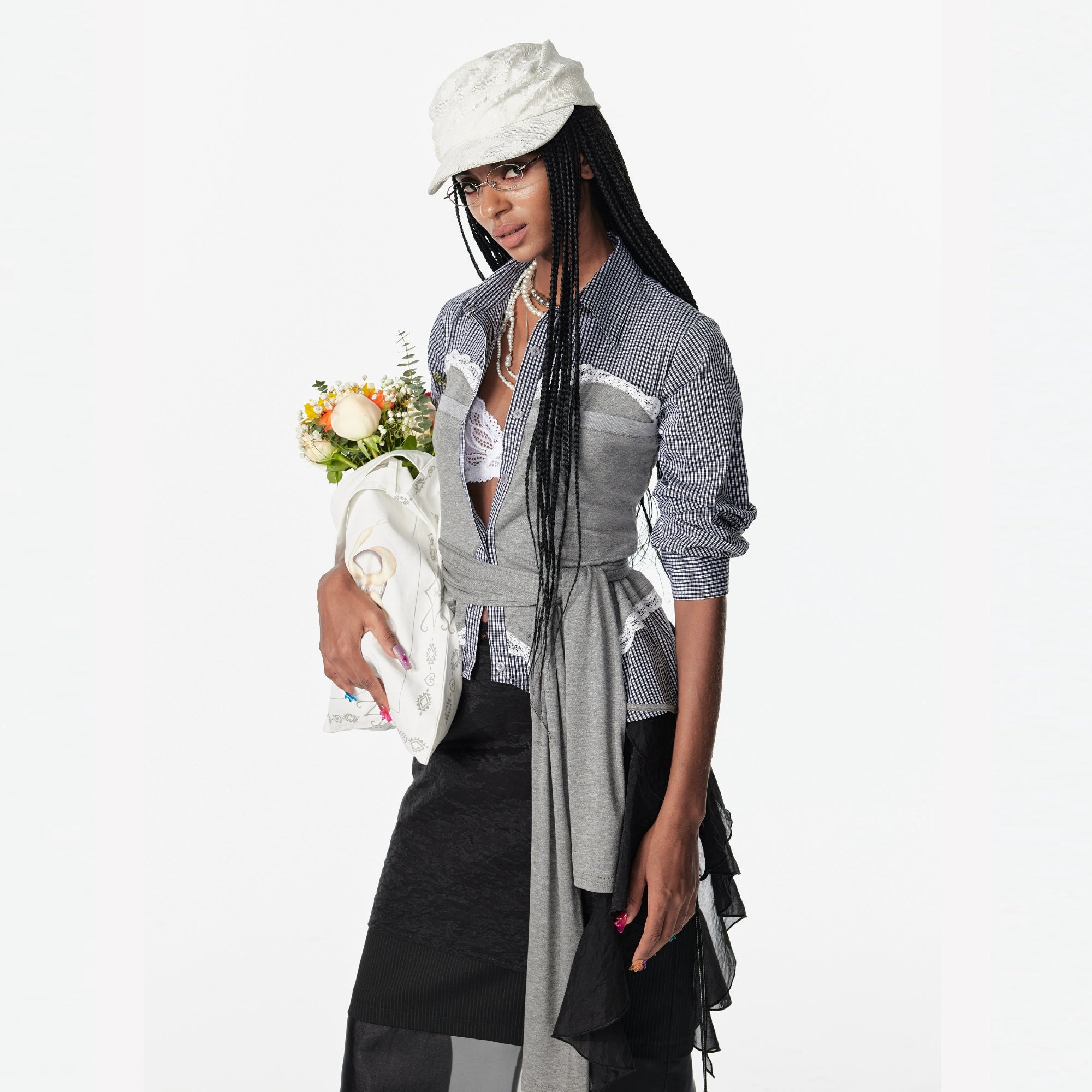 2th Desire美式复古蕾丝格纹拼接高智感两穿针织绑带条纹长袖衬衫