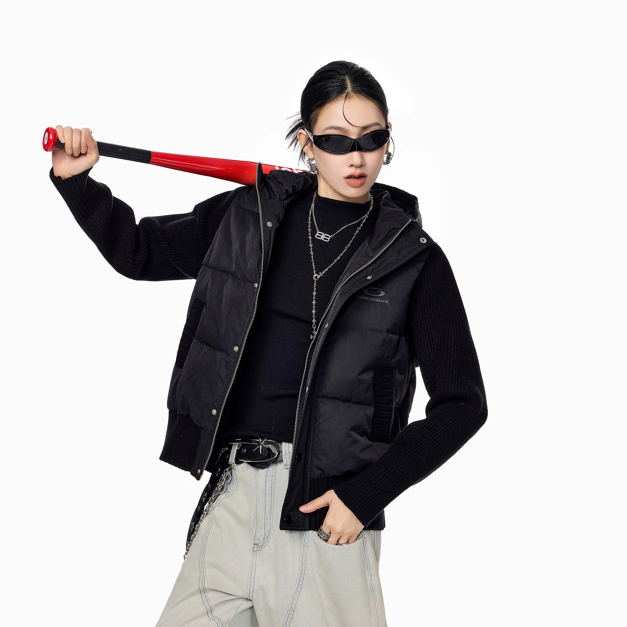 ICH MODE 美式复古假两件短款棉服外套女秋冬季修身连帽棉衣上衣