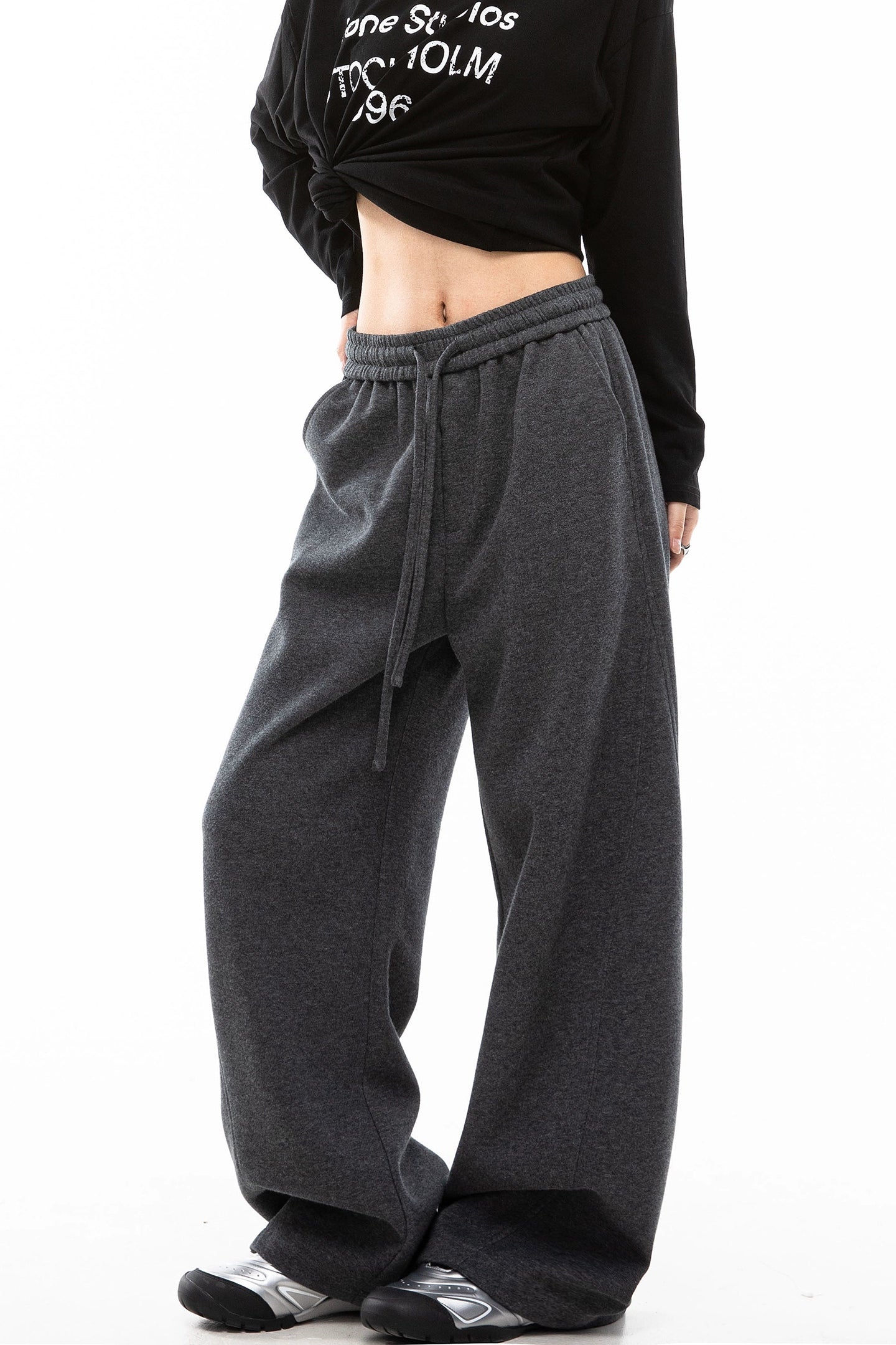 ICH MODE 美式加绒卫裤运动裤女秋冬新款宽松阔腿休闲裤弯刀裤子