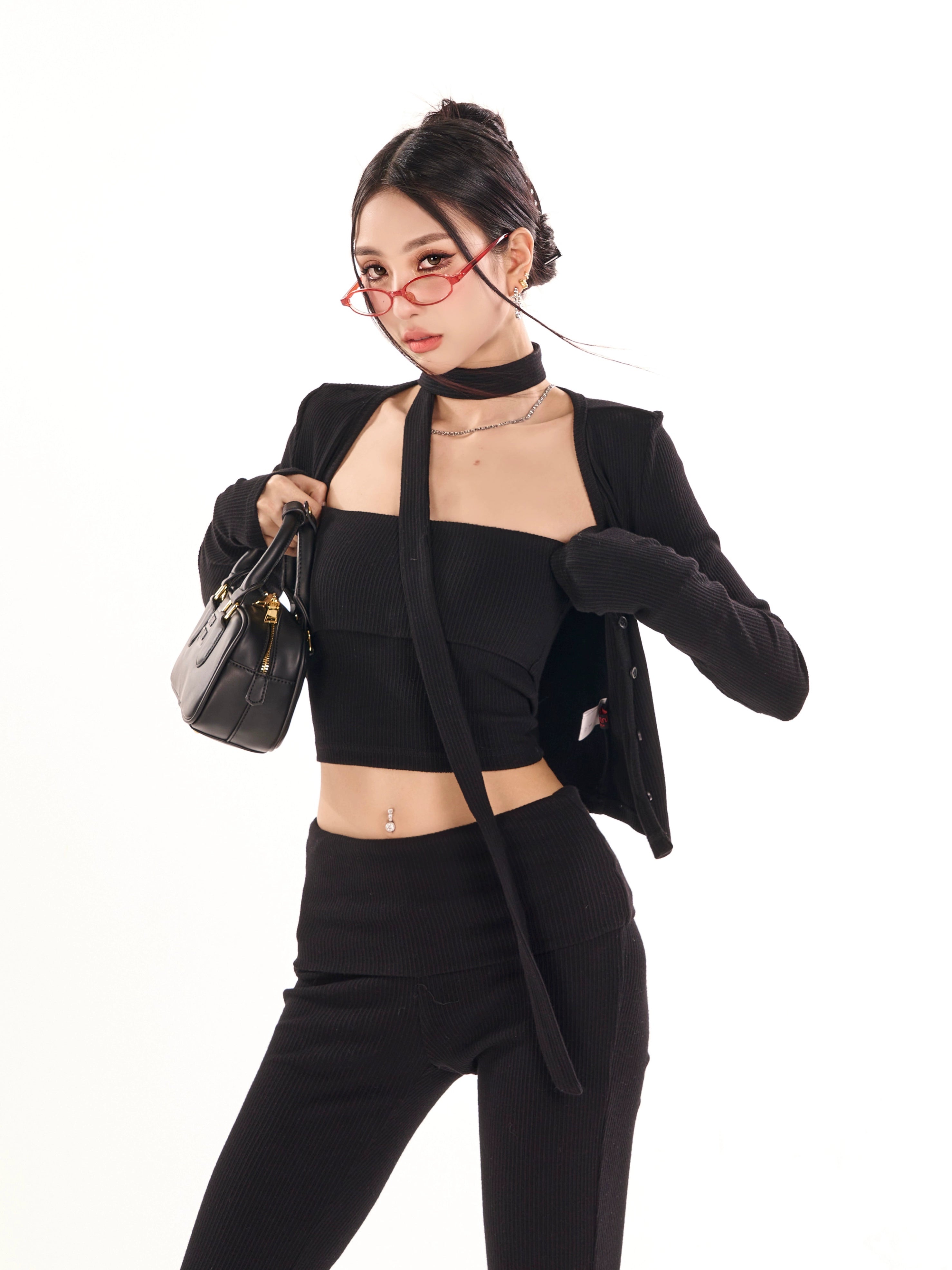 野生zero灰色针织开衫三件套装女春夏季抹胸辣妹上衣修身微喇裤子