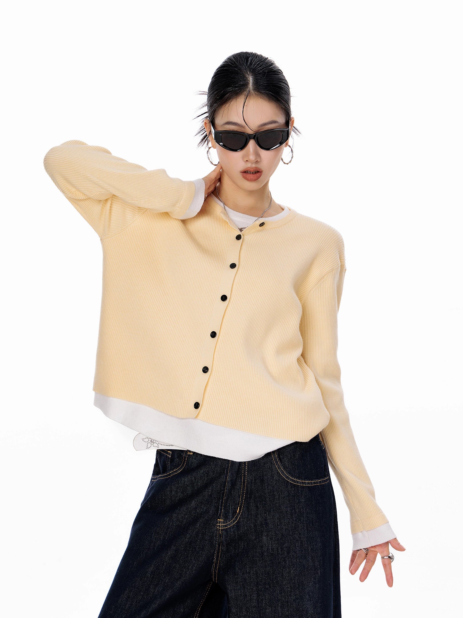 ICH MODE 美式复古修身针织开衫女2025秋冬新款外搭长袖毛衣外套