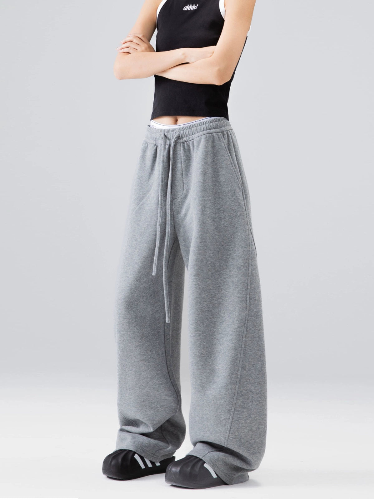 ICH MODE 美式加绒卫裤运动裤女秋冬新款宽松阔腿休闲裤弯刀裤子